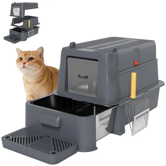 pawhut-bac-liti-re-xl-inox-avec-couvercle-et-tiroir-coulissant-gris-fonc image 1