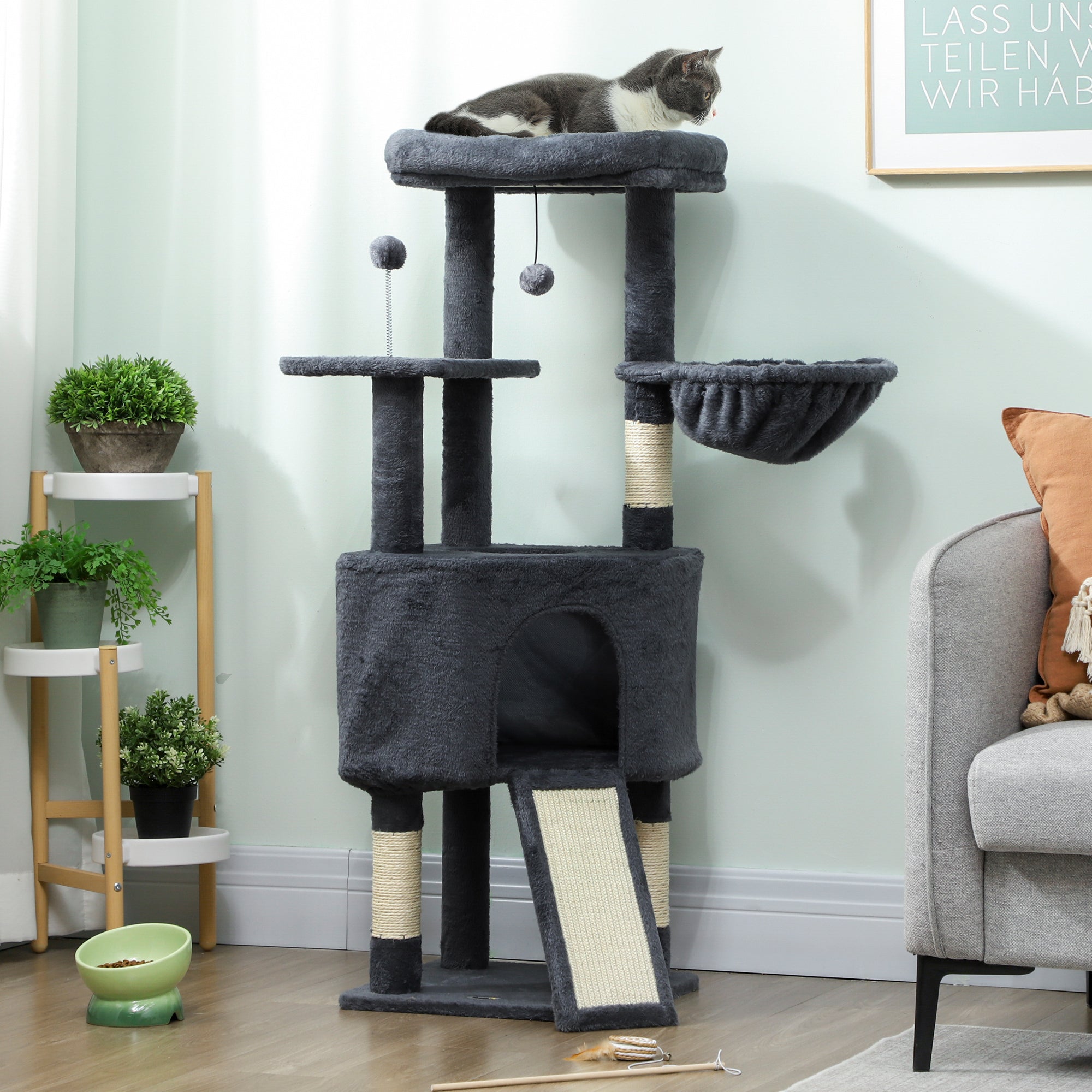 pawhut-arbre-chat-120-cm-avec-niche-hamac-lit-et-chelle-gris-fonc image 4