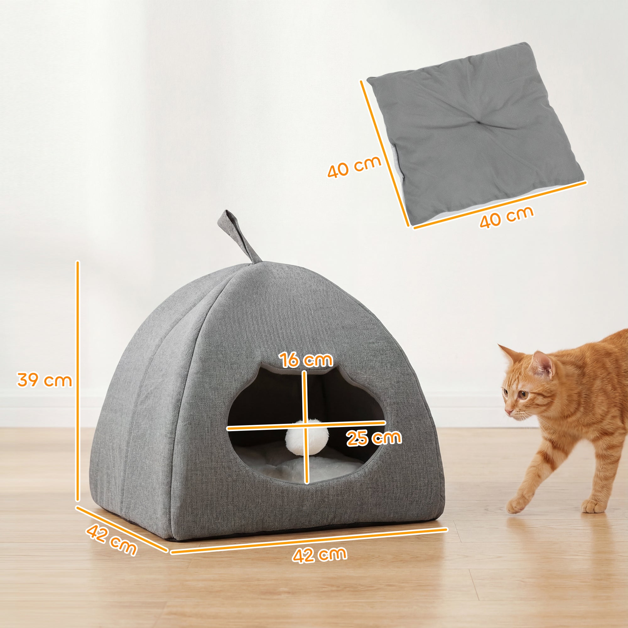 pawhut-grotte-lit-chat-42-x-42-x-39-cm-avec-coussin-r-versible-et-balle-gris image 5