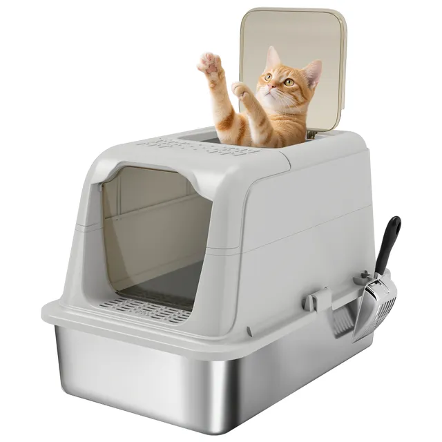 pawhut-bac-liti-re-chat-xxl-inox-couvercle-entr-e-avant-et-sortie-haute-anti-ode image 1