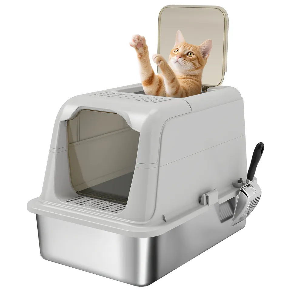 pawhut-bac-liti-re-chat-xxl-inox-couvercle-entr-e-avant-et-sortie-haute-anti-ode image 1