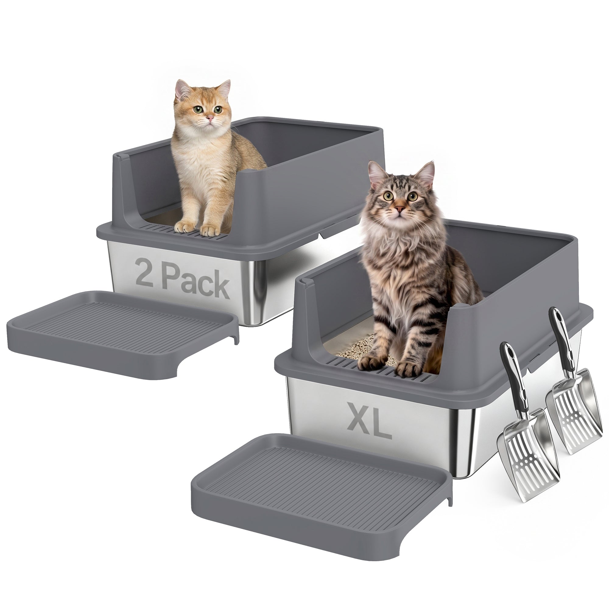 pawhut-bac-liti-re-chat-inox-xl-lot-de-2-avec-marche-antitrace-et-pelles image 1