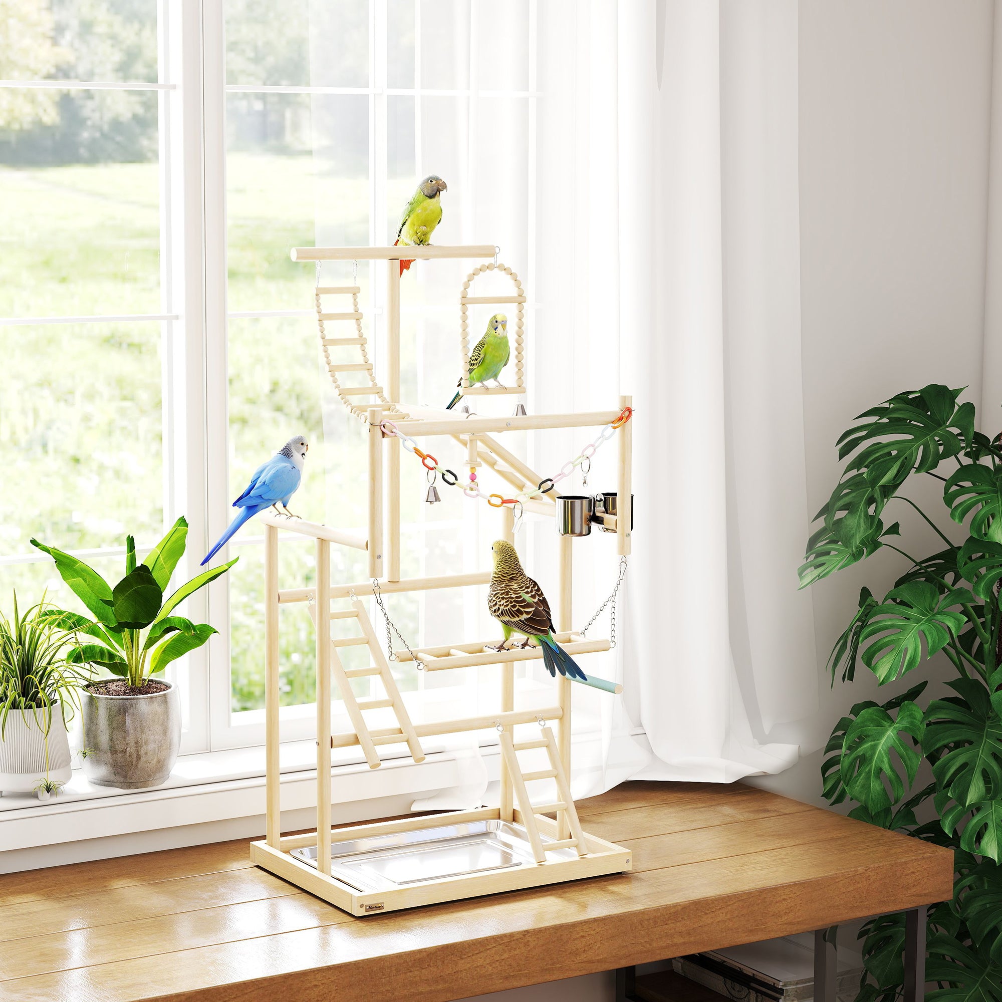 pawhut-aire-de-jeu-perchoir-pour-oiseaux-en-bois-95-cm-avec-chelles-jouet-cha-ne image 4