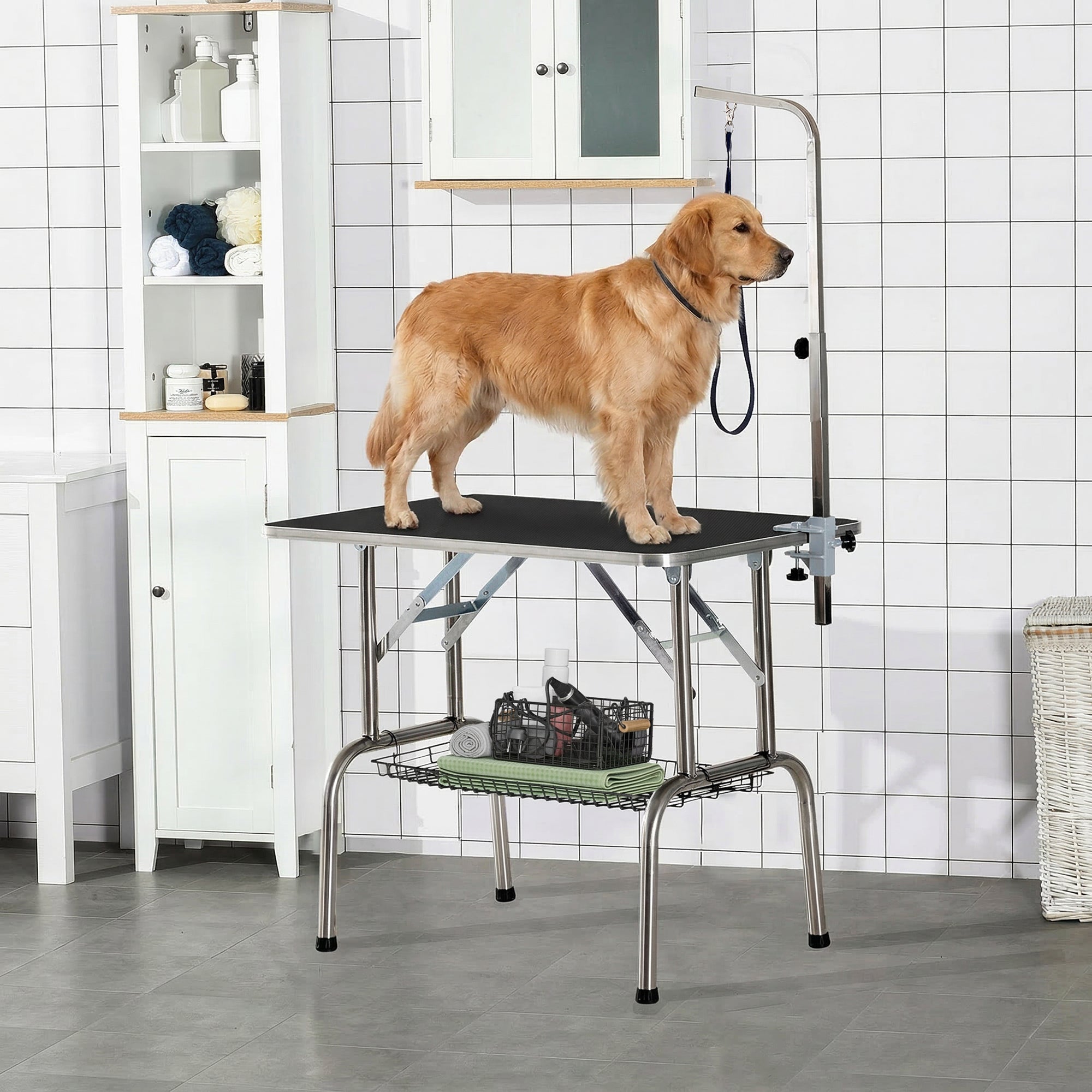 pawhut-table-de-toilettage-pliable-36-avec-bras-r-glable-et-tag-re-noire image 3