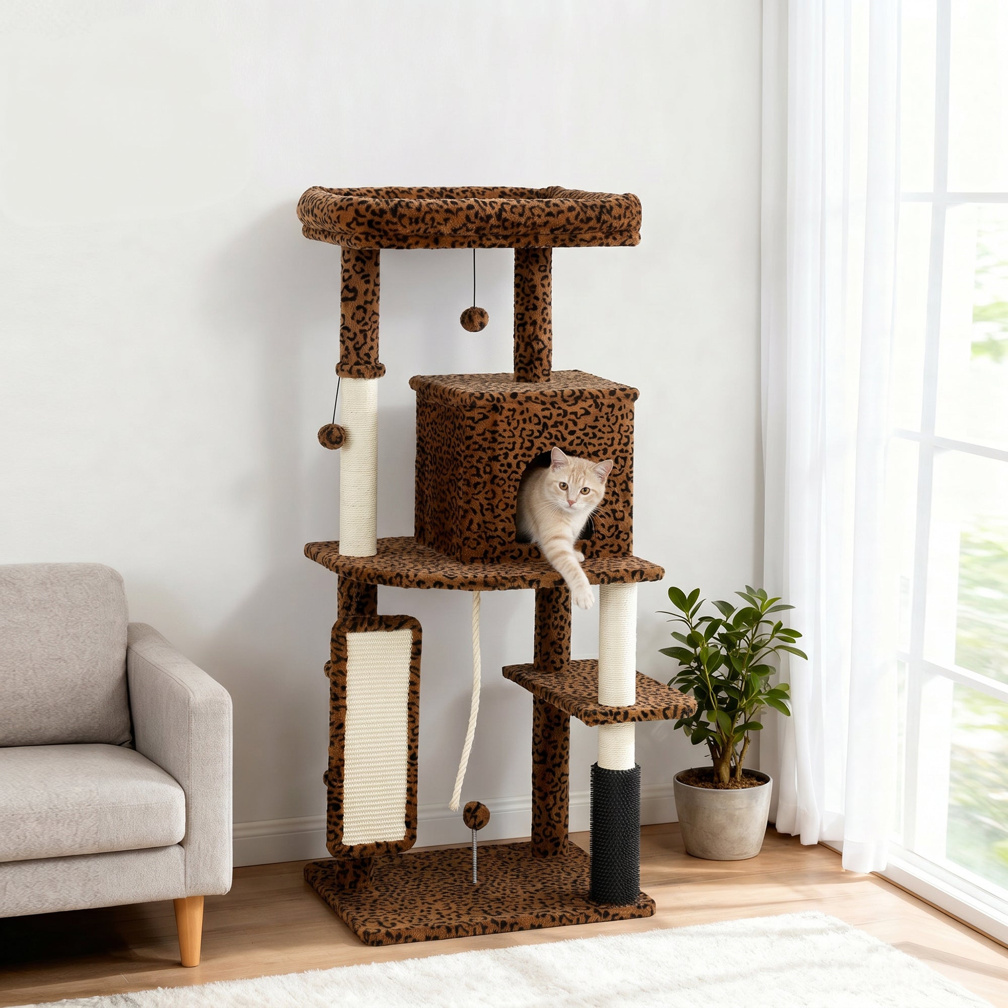 pawhut-arbre-chat-132-cm-pour-grands-chats-avec-griffoirs-niche-et-plateformes-i image 4
