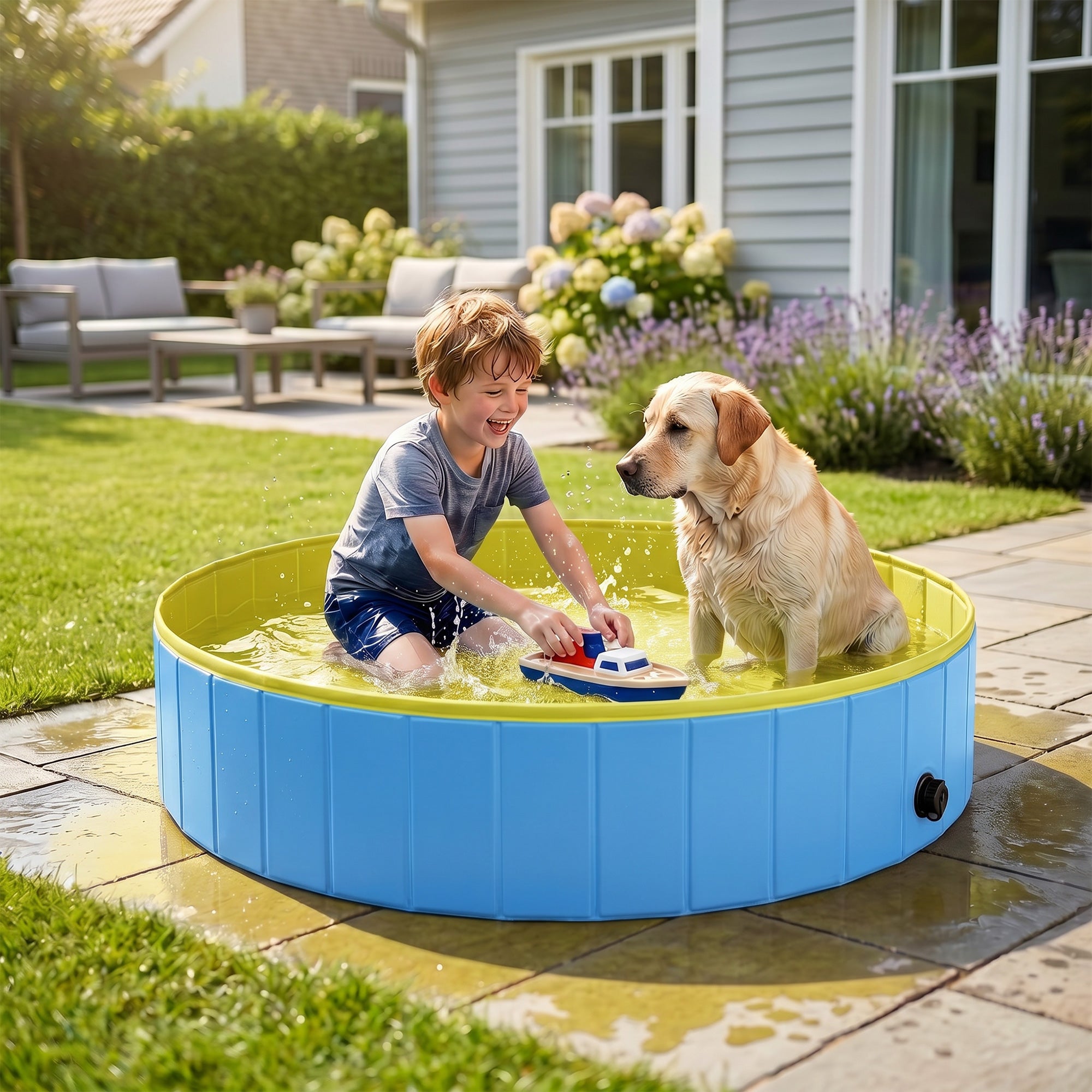 pawhut-piscine-pliable-pour-chien-160-x-30-cm-pvc-pais-bleu-et-jaune image 4