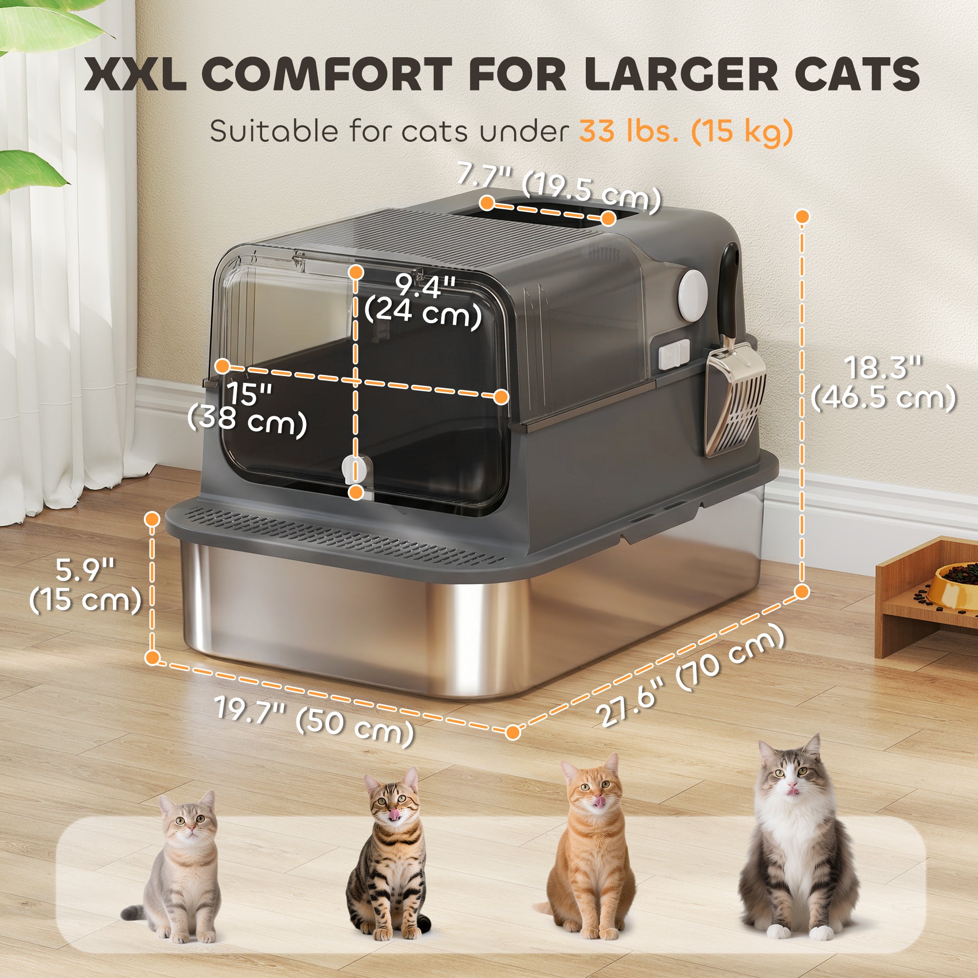 pawhut-bac-liti-re-chat-inox-xxl-ferm-avec-couvercle-70-cm-noir image 5