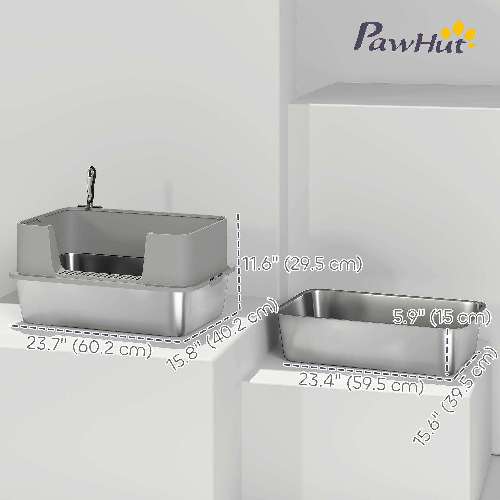 pawhut-bac-liti-re-xl-en-inox-avec-pelle-bords-hauts-gris image 5