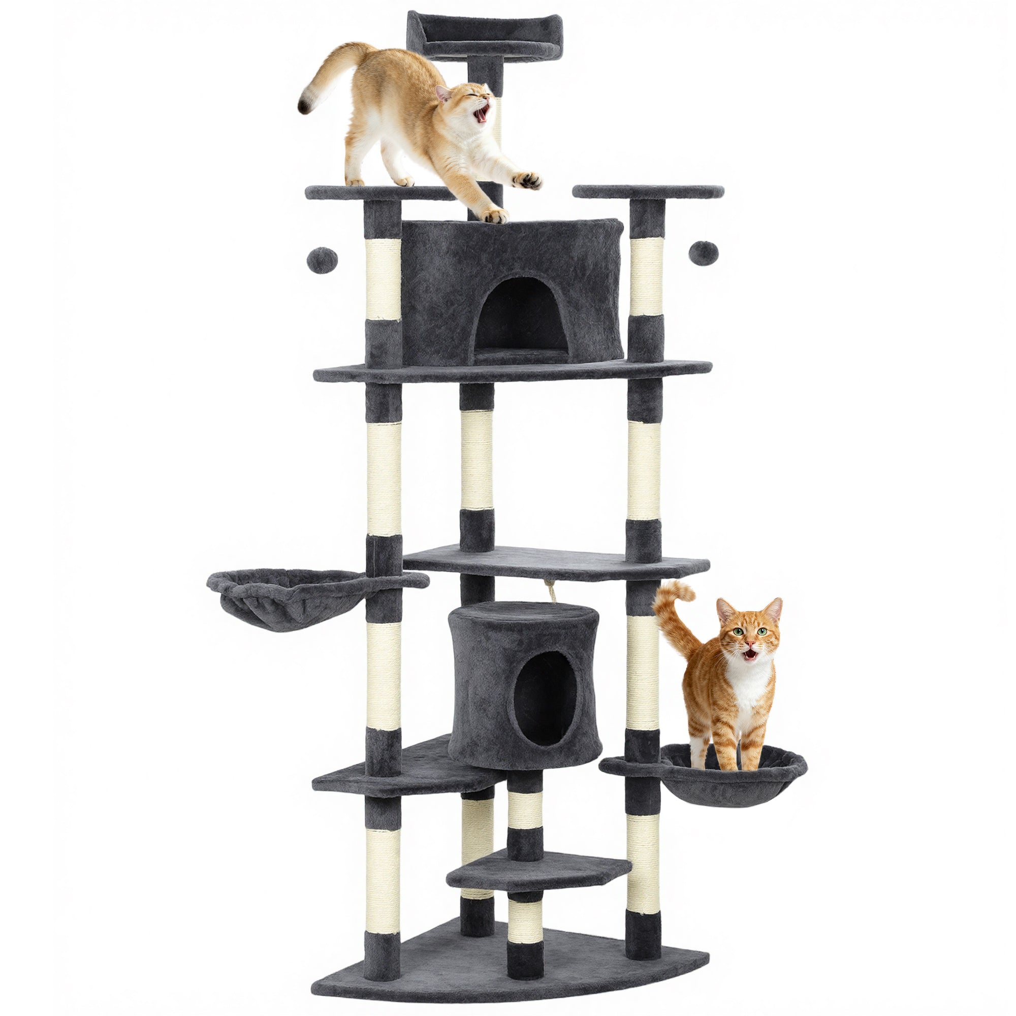 pawhut-arbre-chat-tour-200-cm-avec-niche-2-hamacs-gris-fonc image 1