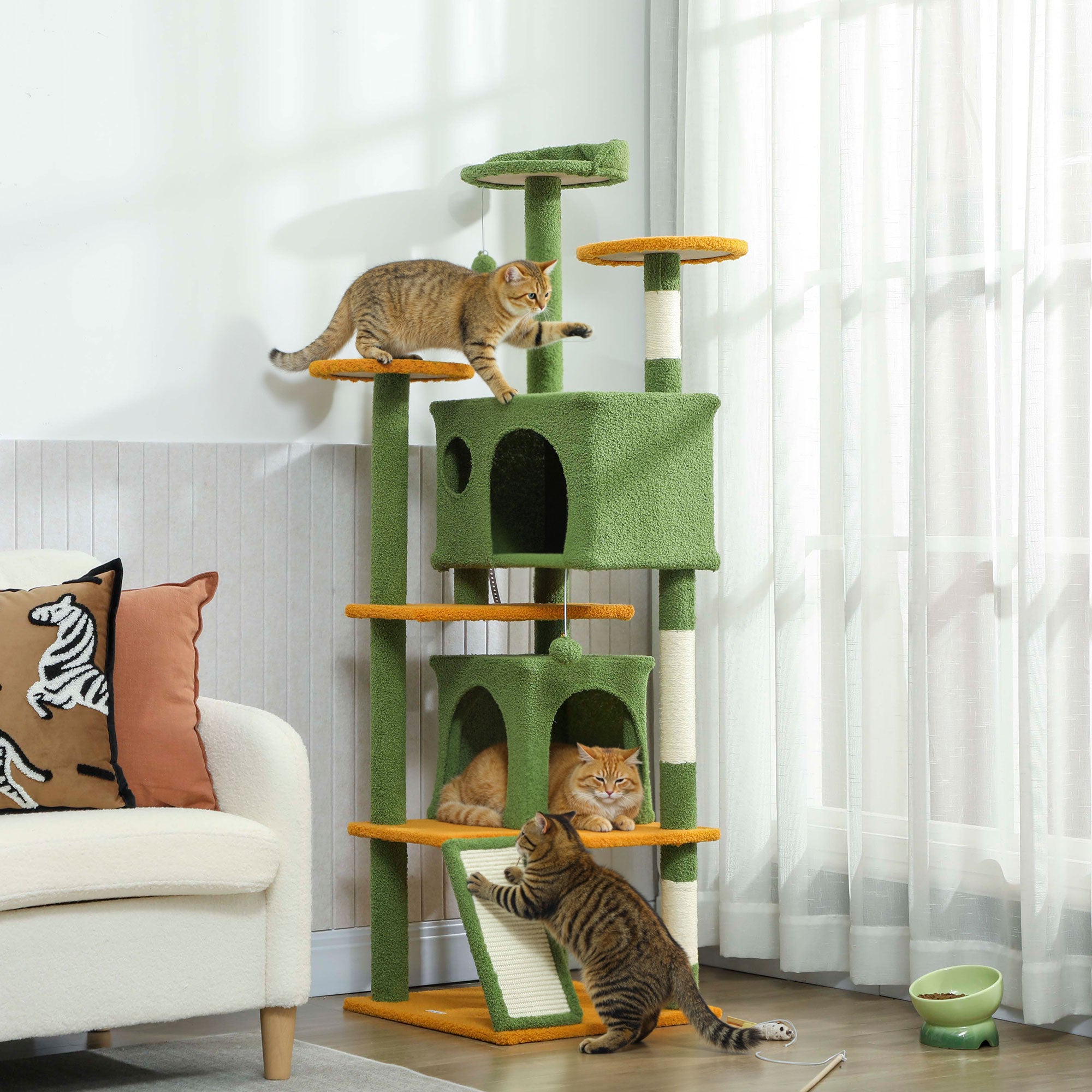 pawhut-arbre-chat-63-pouces-vert-avec-2-niches-lit-rampe-et-griffoirs image 3