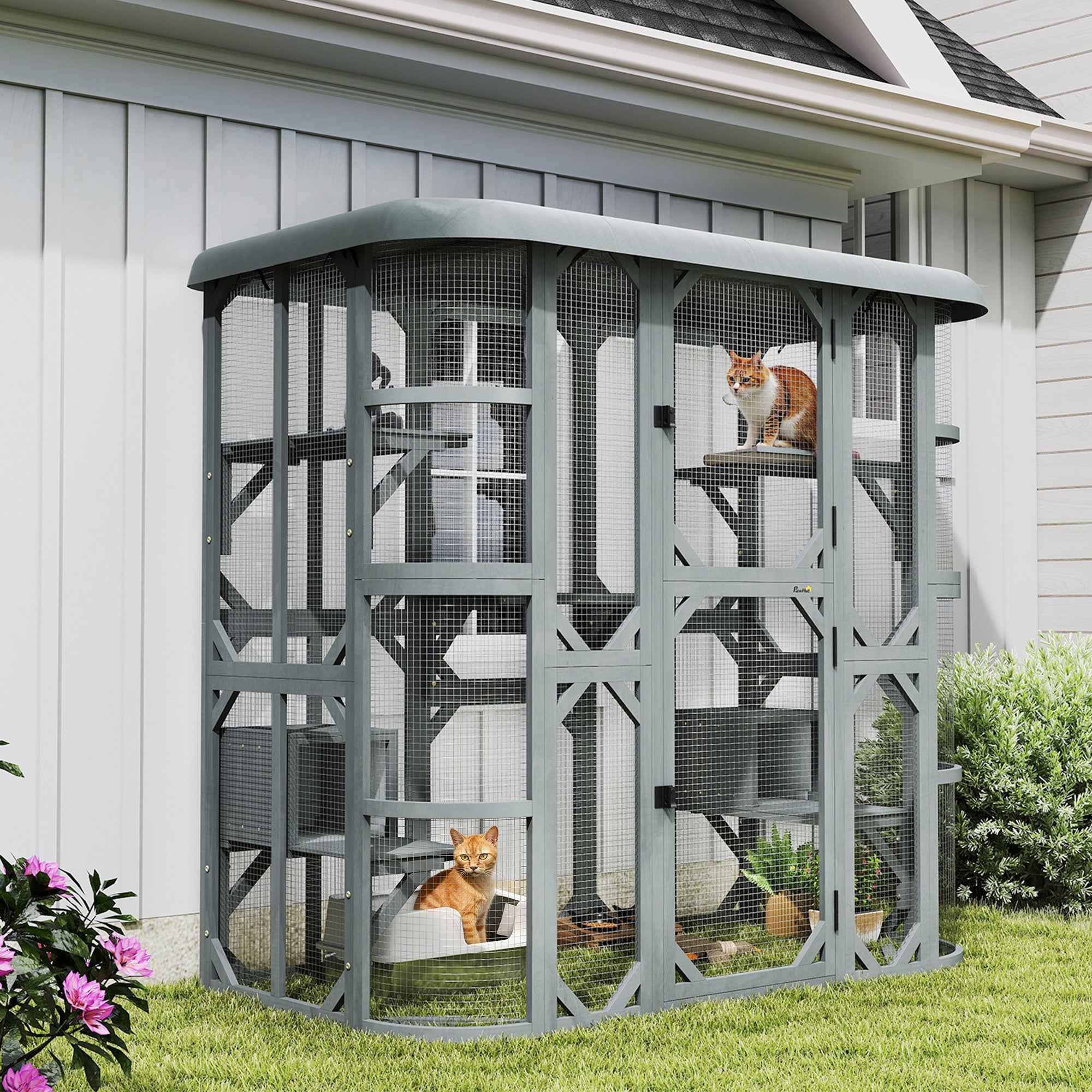 pawhut-catio-enclos-ext-rieur-chat-gris-walk-in-avec-2-niches-5-plateformes-et-h image 4