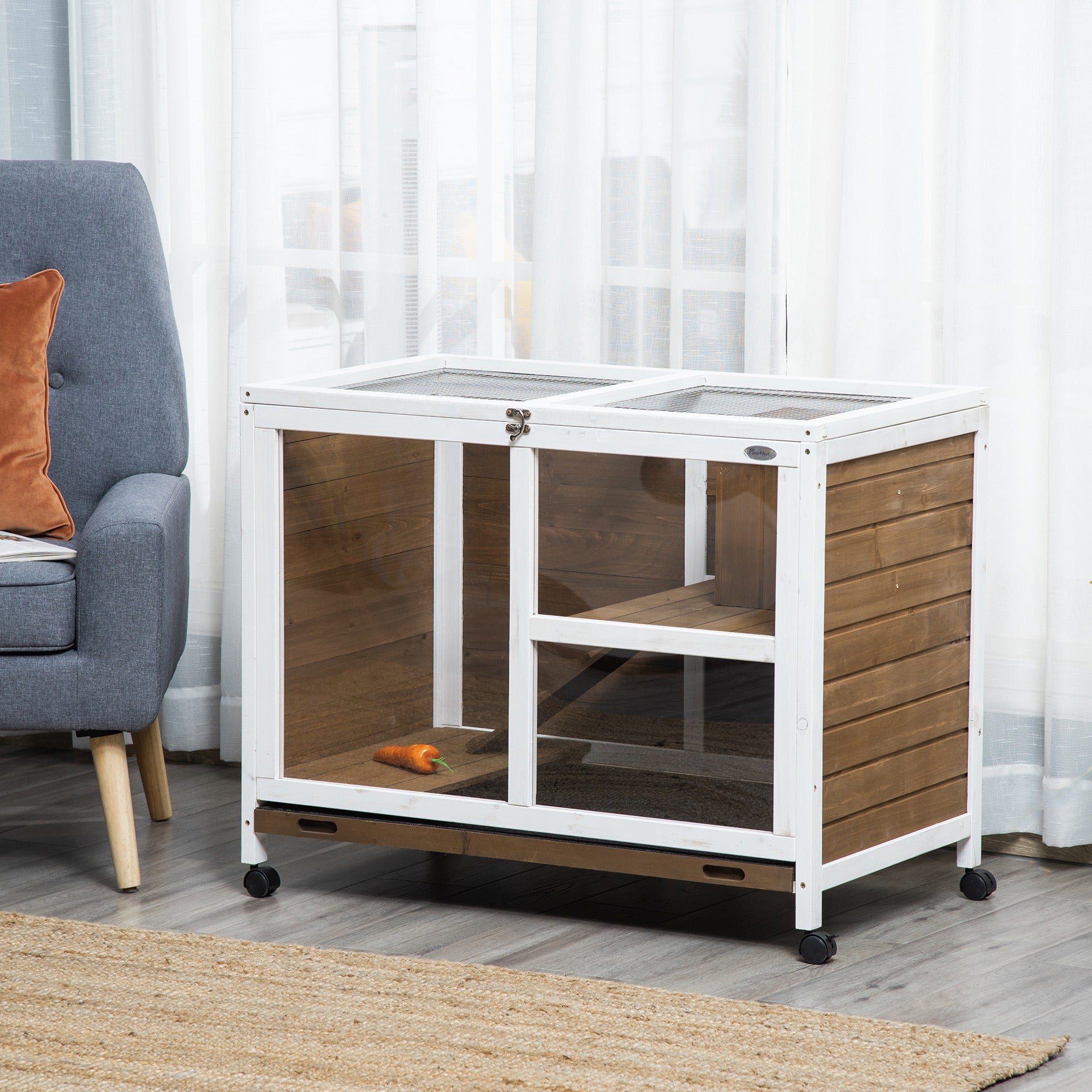 pawhut-cage-pour-petit-animal-en-bois-2-tages-toit-ouvrant-mobile-marron image 4