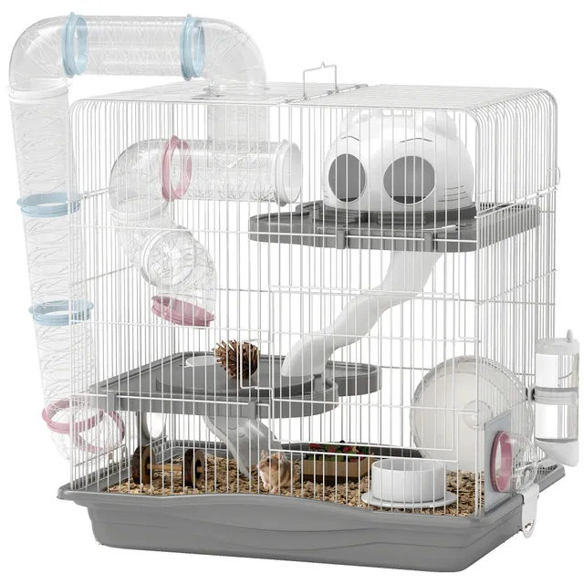pawhut-cage-hamster-3-tages-avec-roue-tunnels-et-biberon-45-x-30-x-45-cm-gris image 1