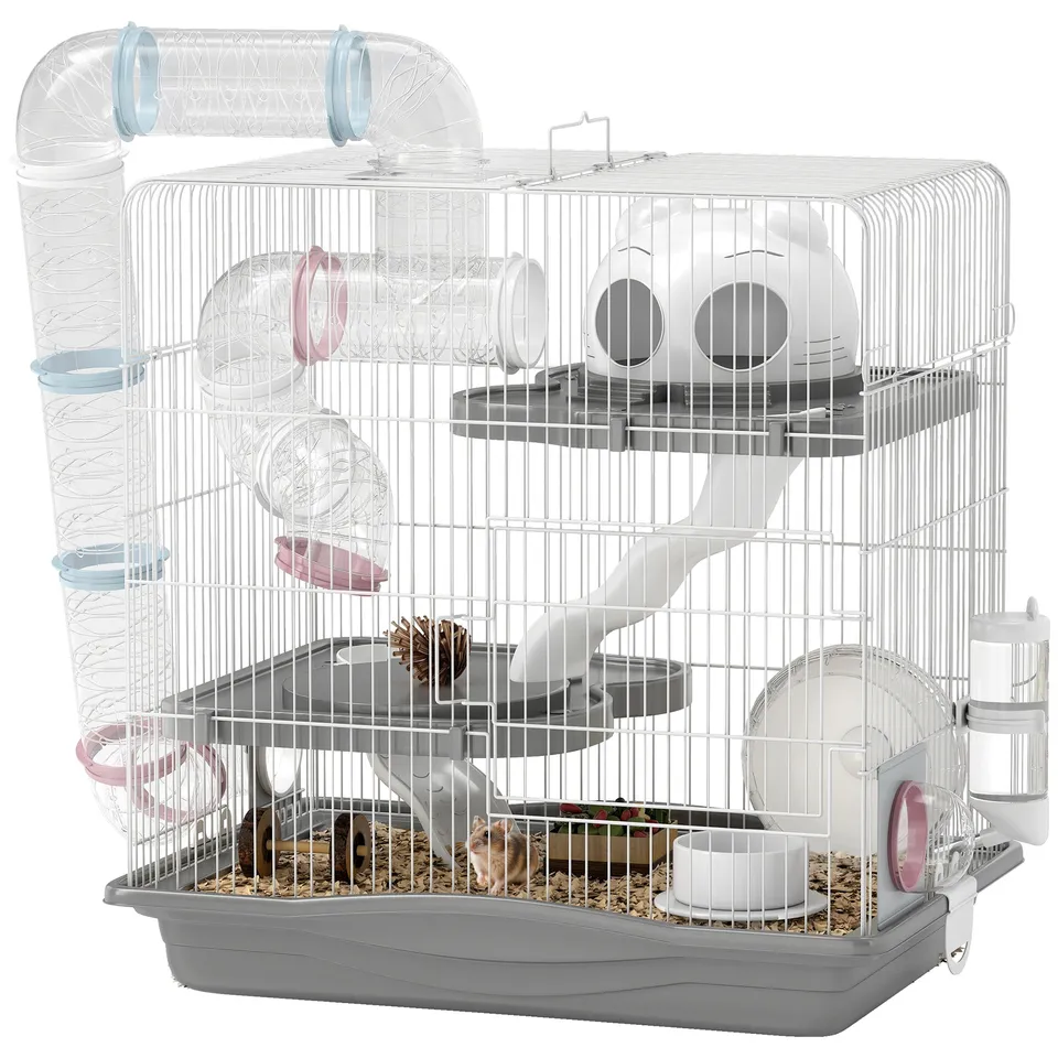 pawhut-cage-hamster-3-tages-avec-roue-tunnels-et-biberon-45-x-30-x-45-cm-gris image 1