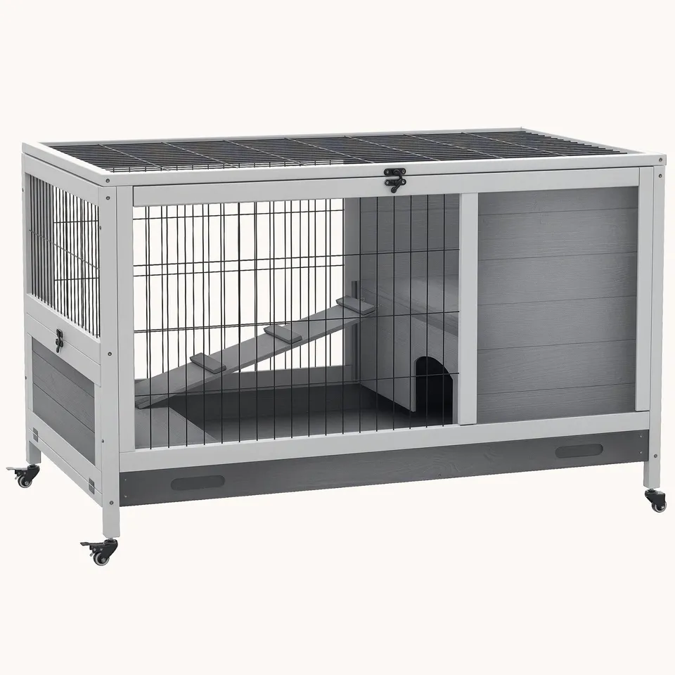 pawhut-clapier-lapin-compact-roulettes-en-bois-acc-s-facile-gris image 1