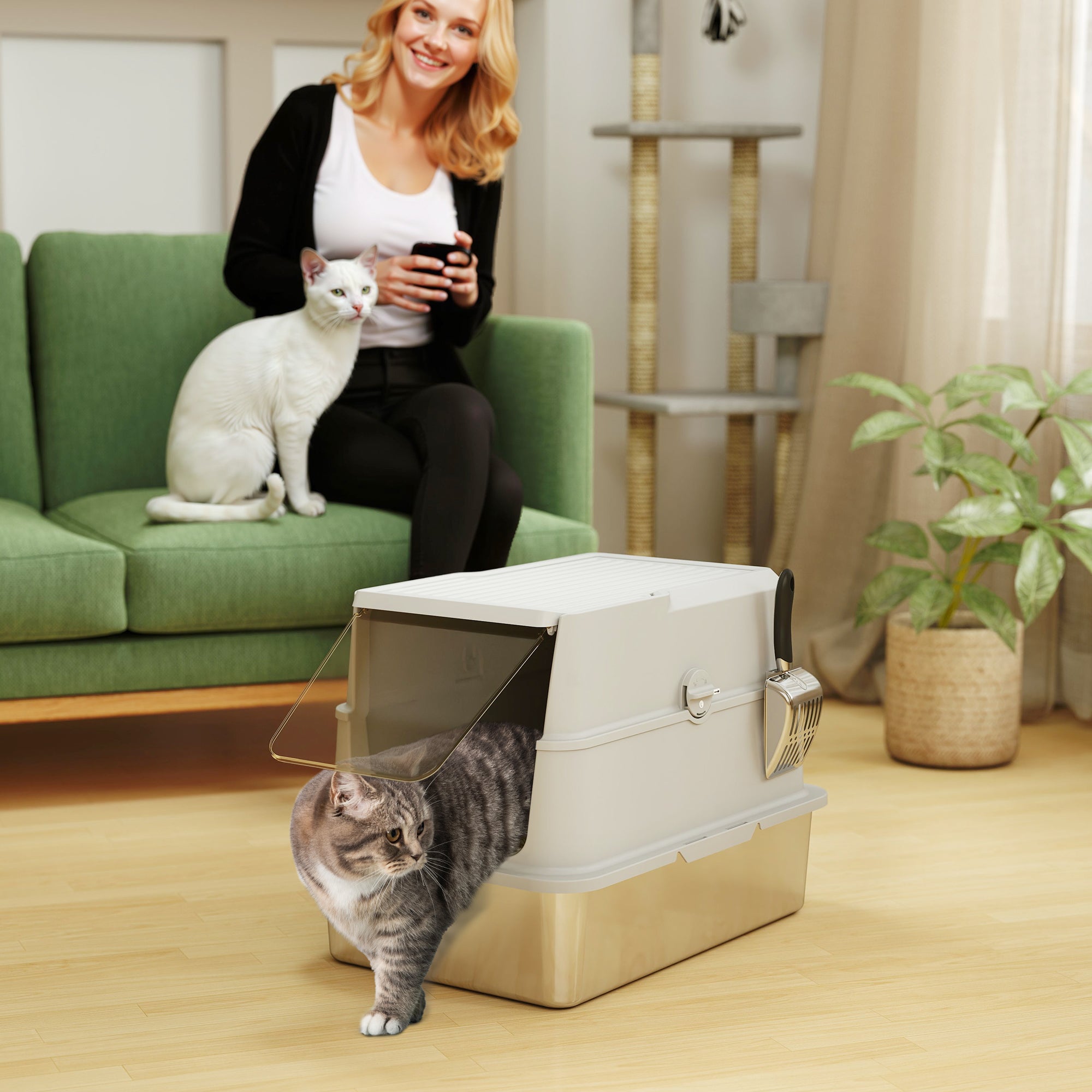 pawhut-bac-liti-re-inox-xl-ferm-avec-couvercle-basculant-et-pelle-gris-clair image 4