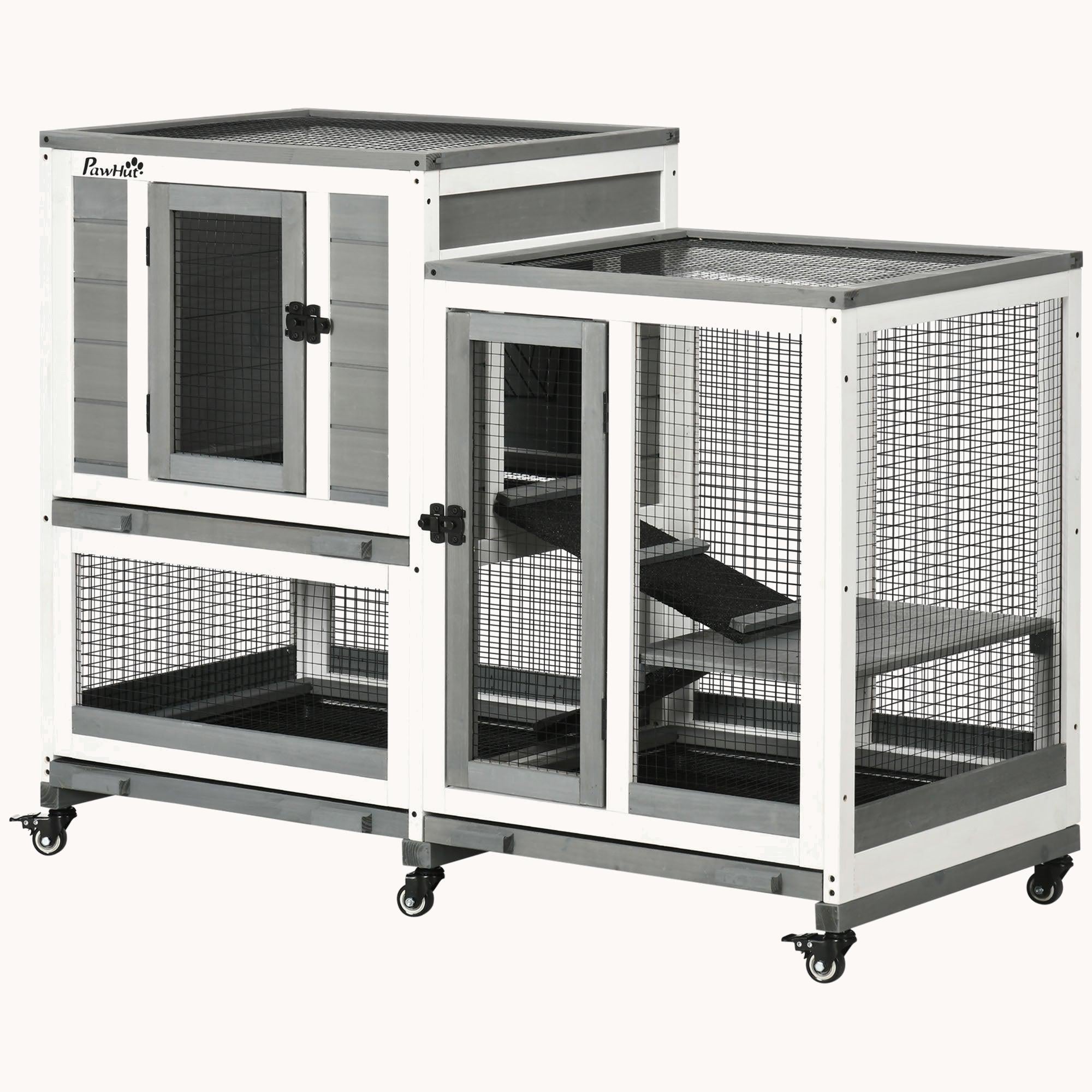 pawhut-clapier-lapin-bois-3-tages-toit-tanche-roulettes-gris image 3