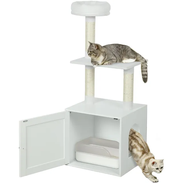 pawhut-arbre-chat-avec-meuble-liti-re-cach-e-et-griffoirs-blanc image 1