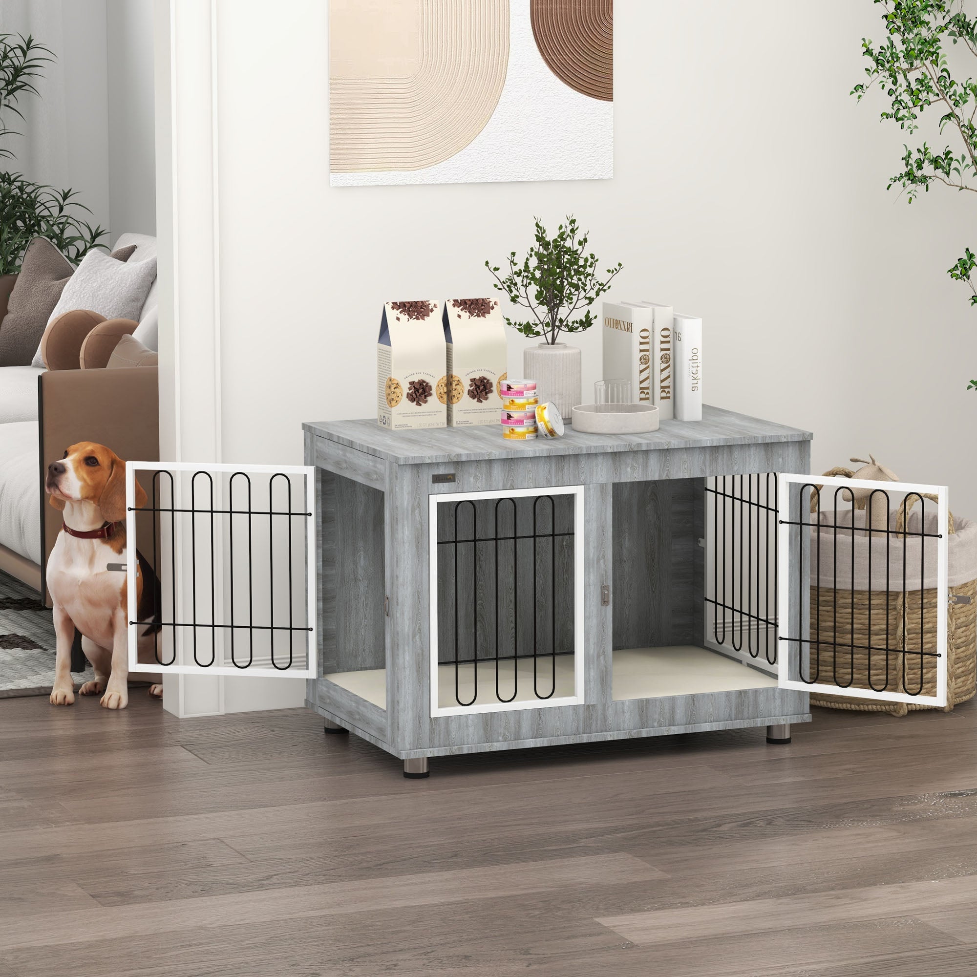 pawhut-niche-d-int-rieur-table-d-appoint-avec-coussin-pour-grands-chiens-gris image 4