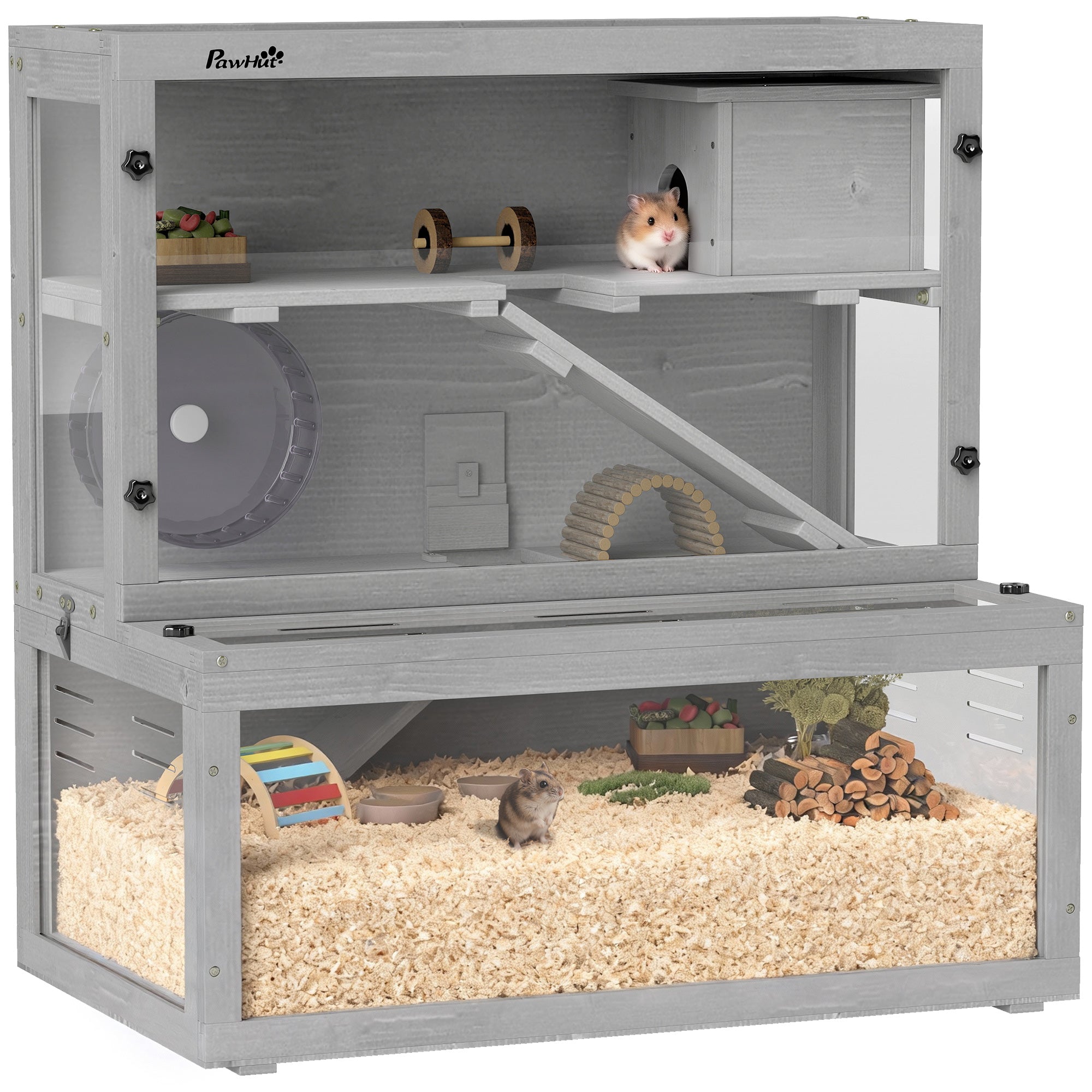 pawhut-cage-hamster-3-niveaux-en-bois-de-sapin-avec-panneau-transparent-gris image 1