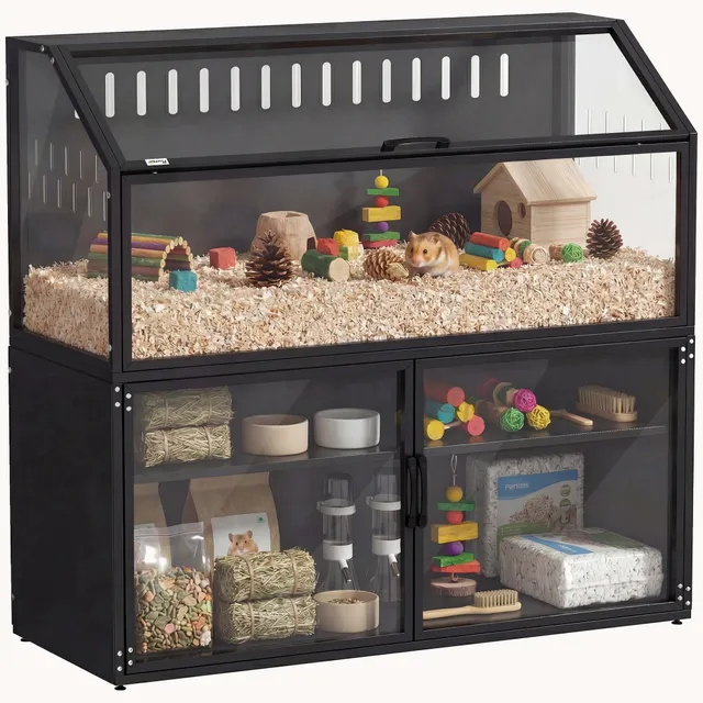 pawhut-cage-hamster-avec-meuble-de-rangement-panneaux-acryliques-noire image 1