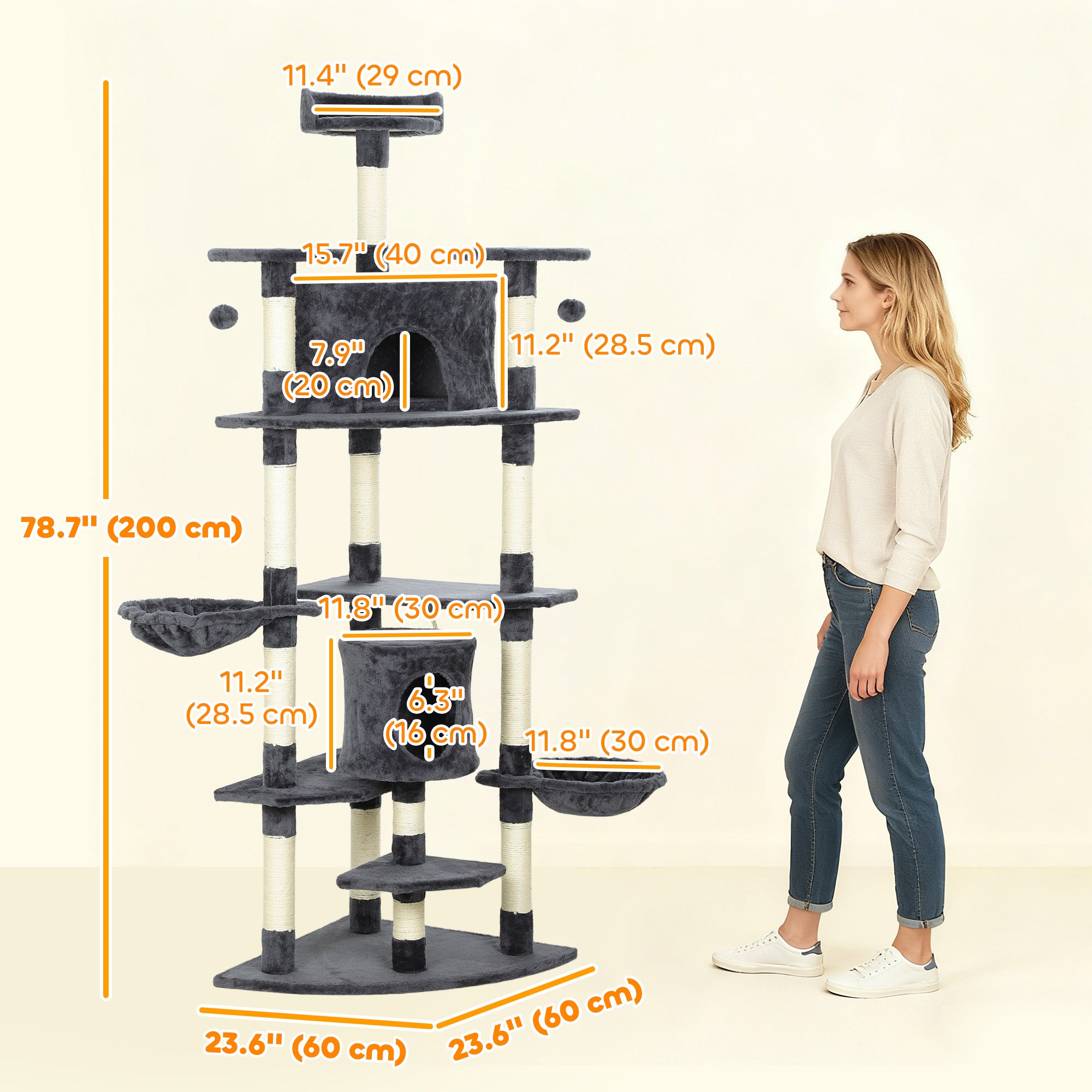 pawhut-arbre-chat-tour-200-cm-avec-niche-2-hamacs-gris-fonc image 5