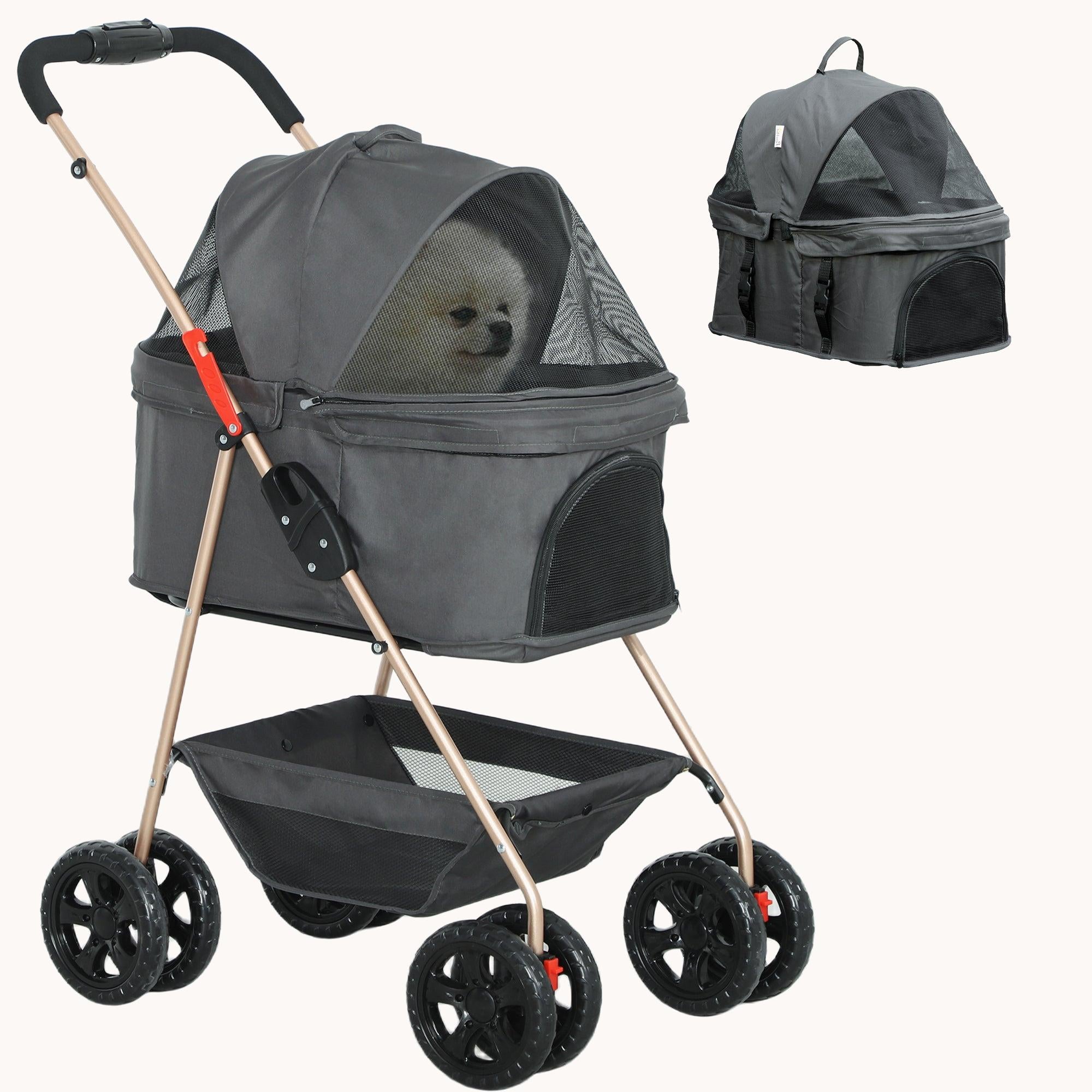pawhut-poussette-chien-3-en-1-cabine-d-tachable-pour-mini-animaux-gris image 1