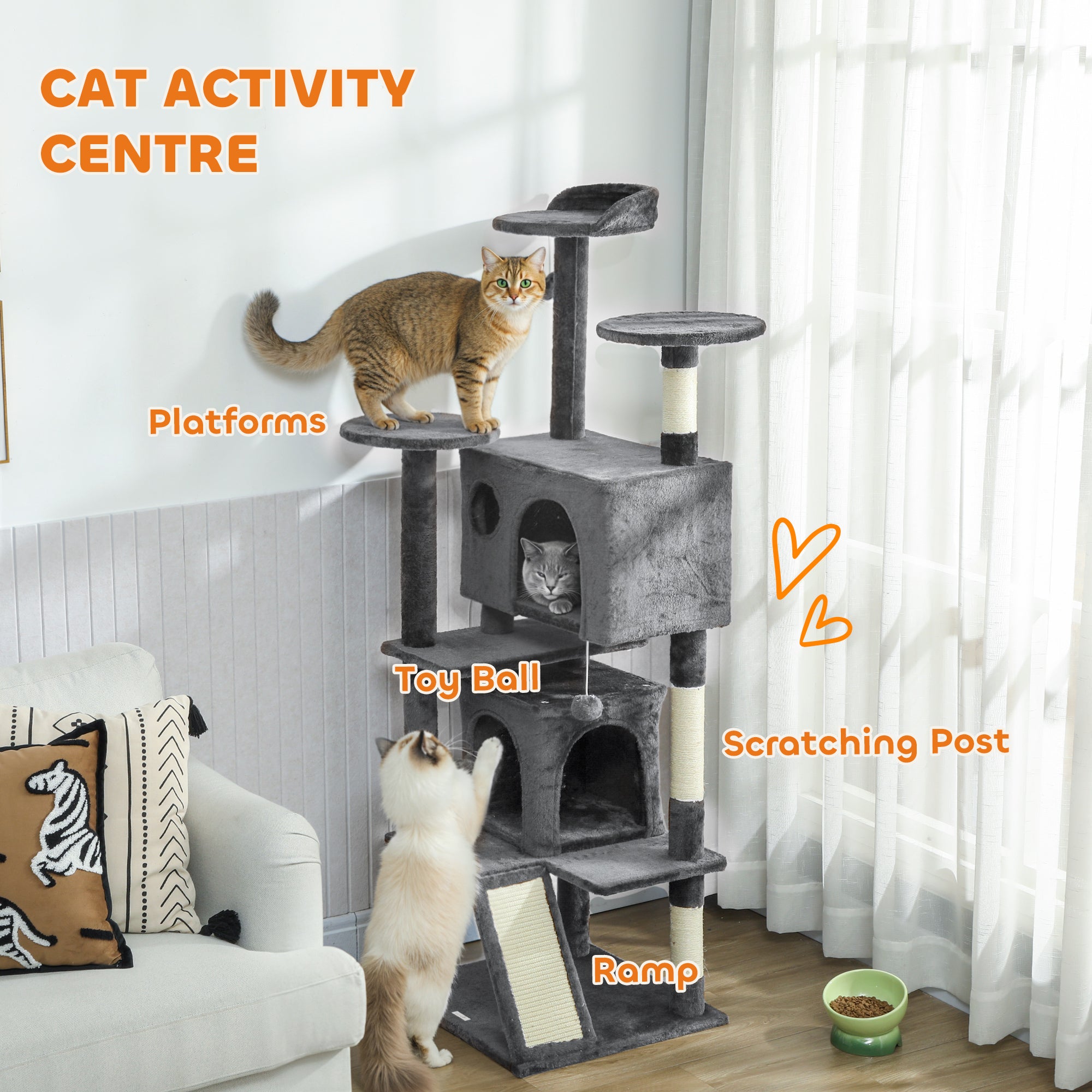 pawhut-arbre-chat-160-cm-avec-niches-lit-rampe-et-griffoir-gris-fonc image 6