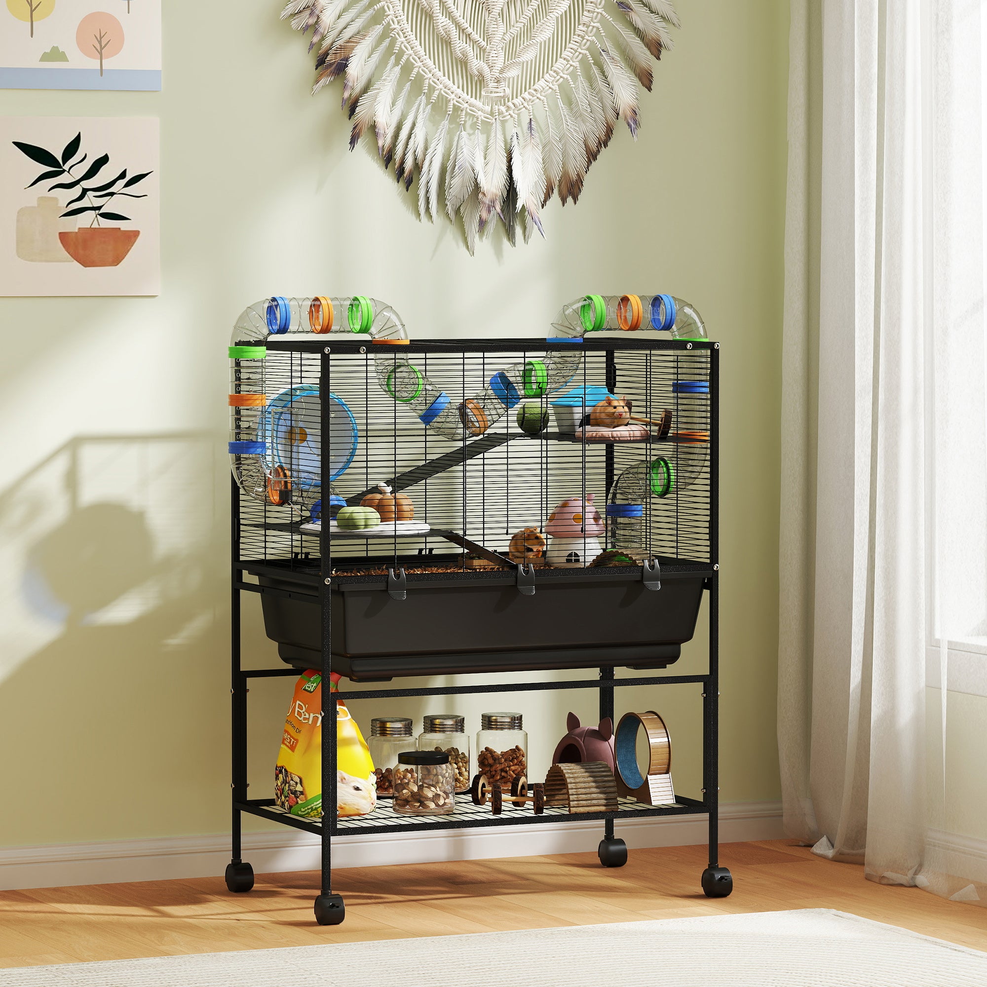 pawhut-cage-3-niveaux-color-e-pour-petit-animal-avec-tubes-roue-et-rangement image 3