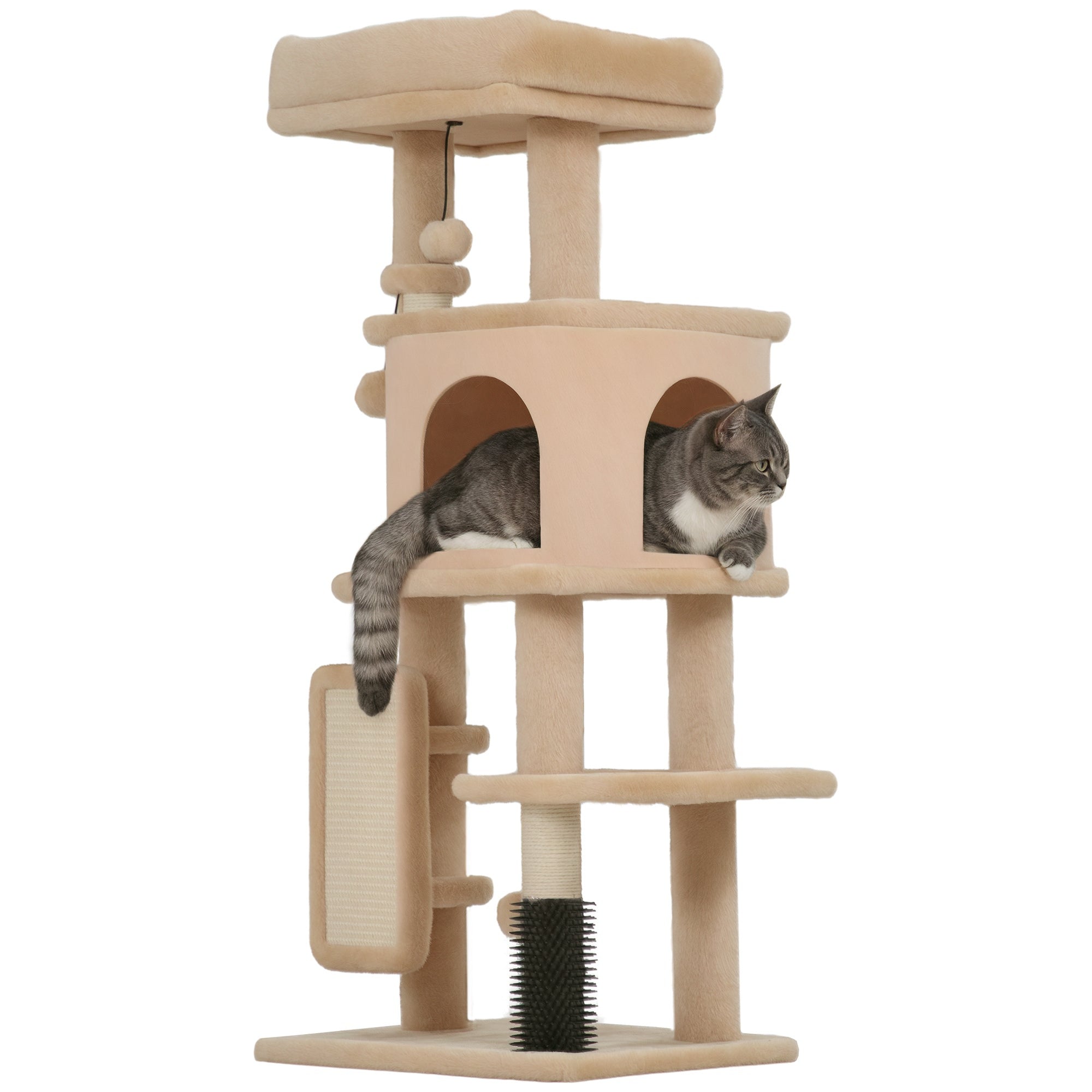 pawhut-arbre-chat-104-cm-avec-niche-couchage-griffoirs-et-brosse-beige image 1