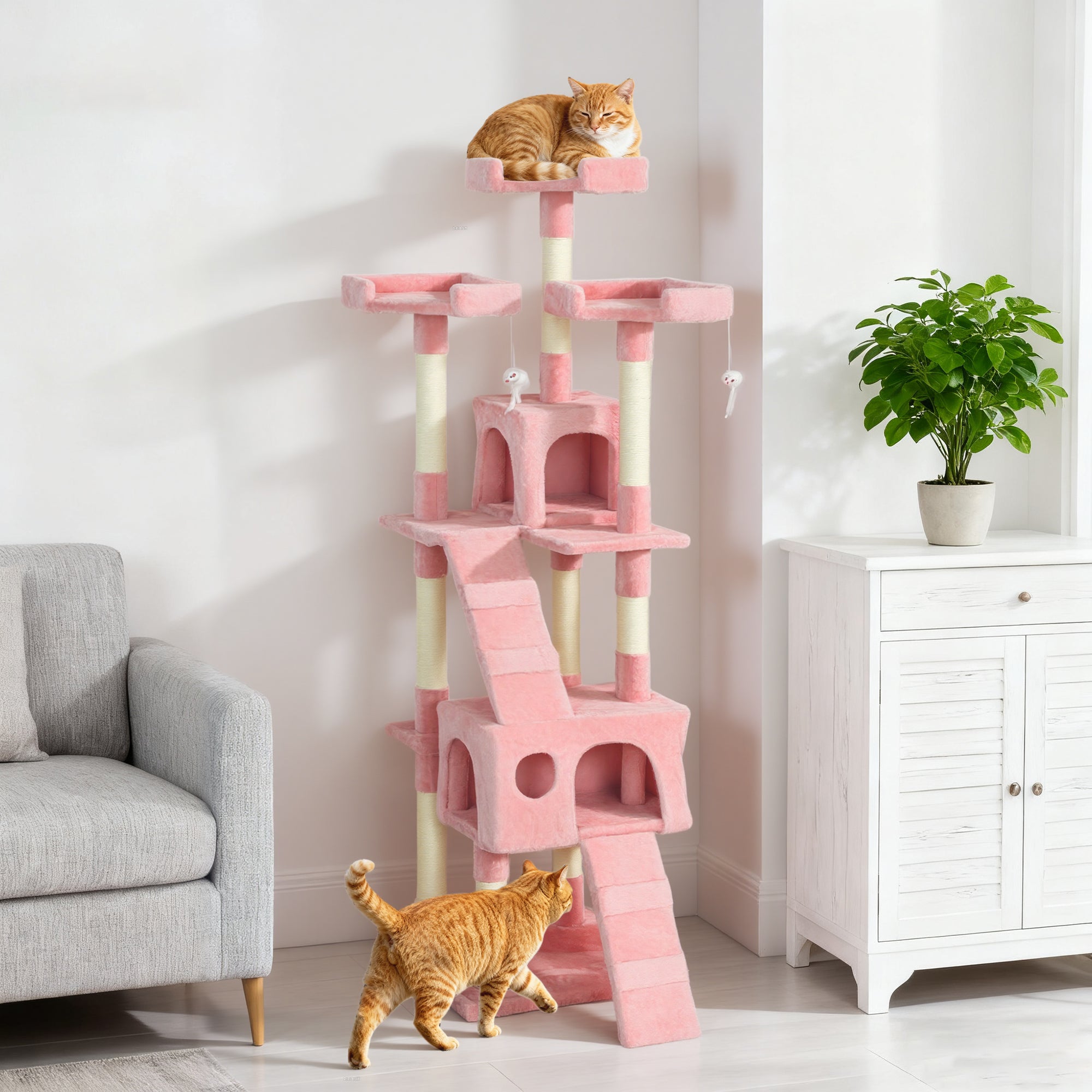 pawhut-arbre-chat-rose-68-multi-niveaux-avec-niches-griffoirs-et-perchoirs image 4