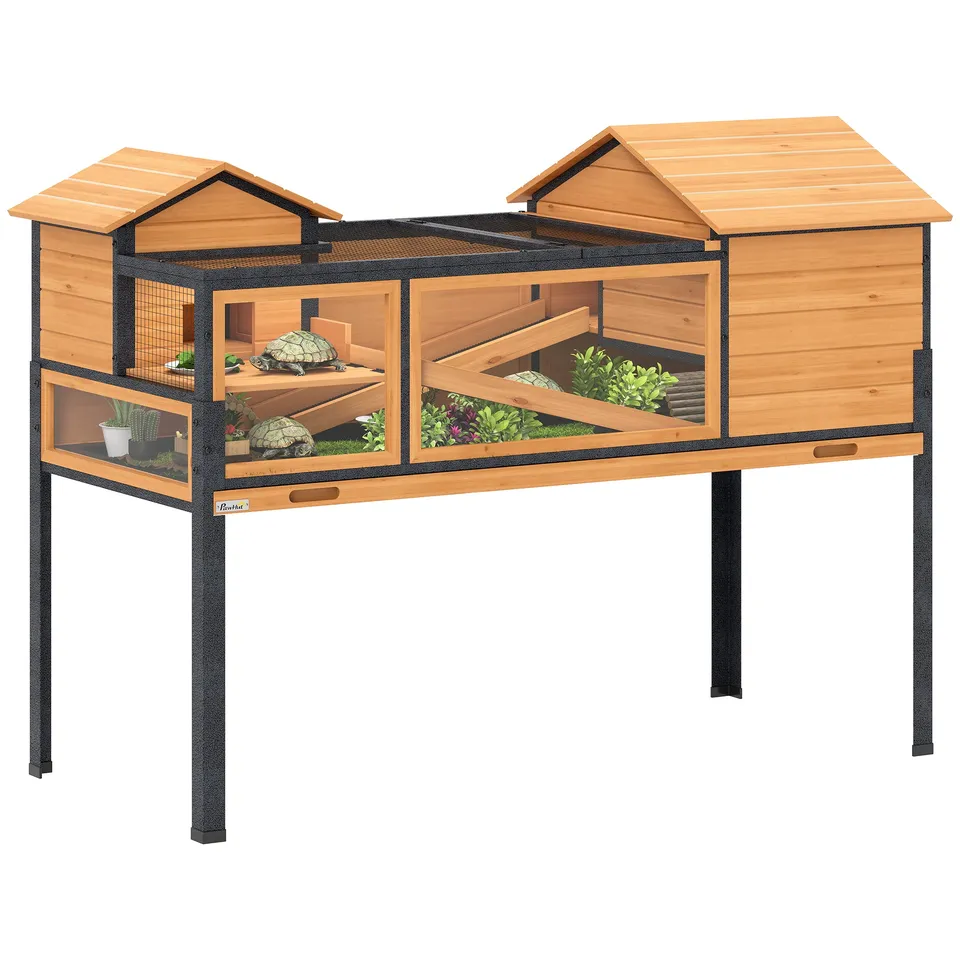pawhut-maison-tortue-en-bois-2-pi-ces-avec-pieds-fen-tres-et-rampes-jaune image 1
