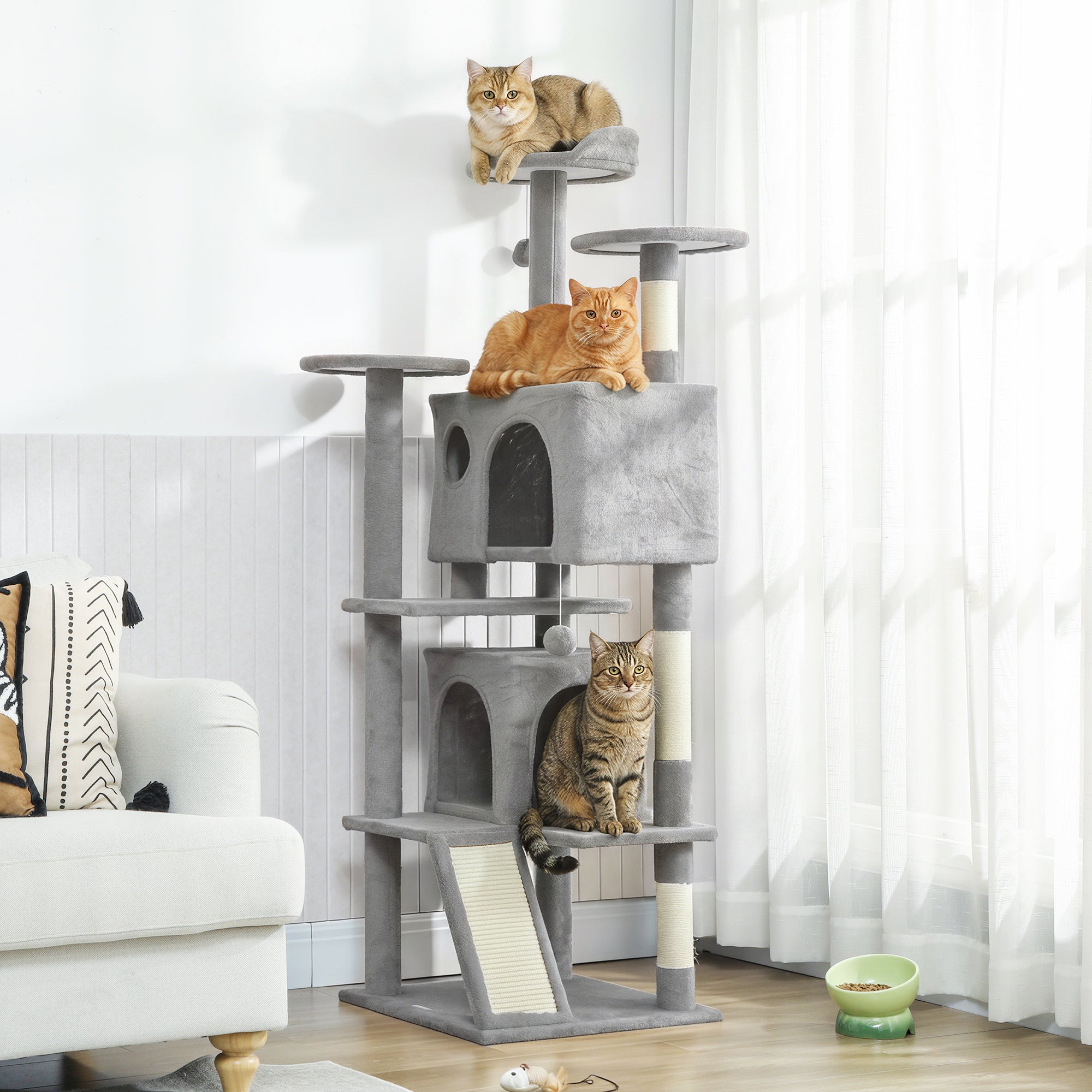 pawhut-arbre-chat-160-cm-avec-grifoire-rampe-deux-cabanes-et-panier-gris-clair image 3