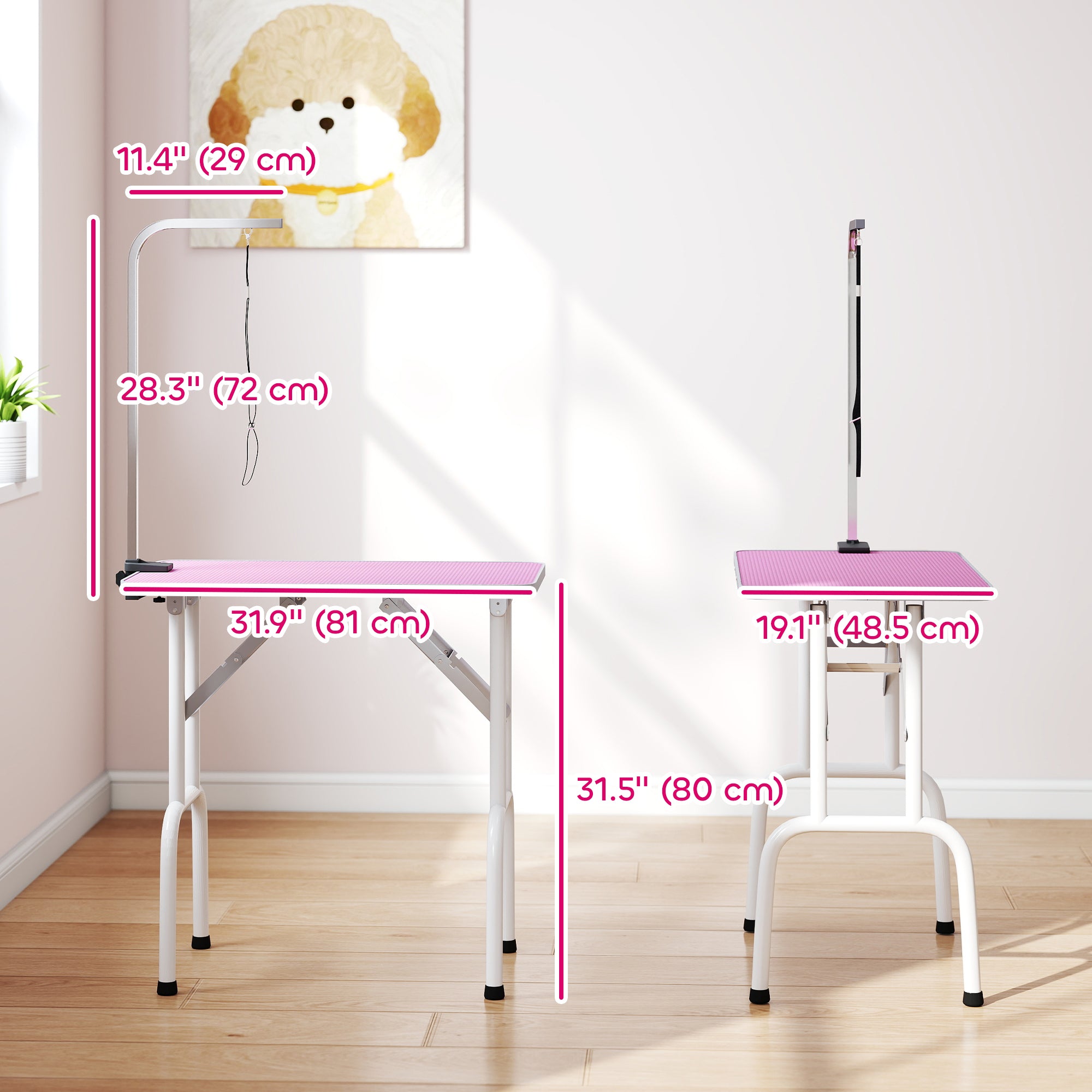 pawhut-table-de-toilettage-pliable-81-cm-rose-avec-bras-r-glable-et-surface-anti image 5