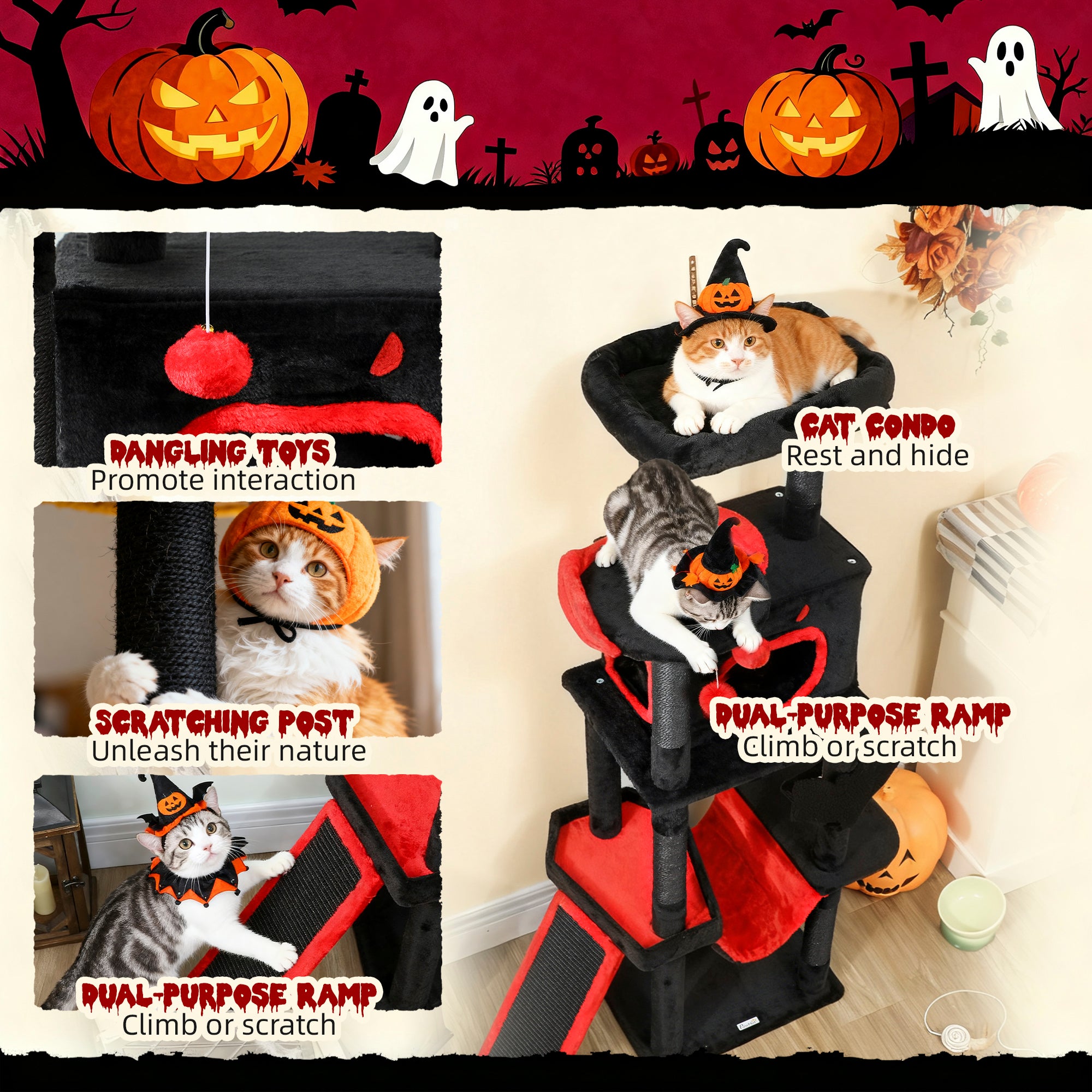 pawhut-arbre-chat-gothique-halloween-hideaway-152-cm-noir-et-rouge image 8