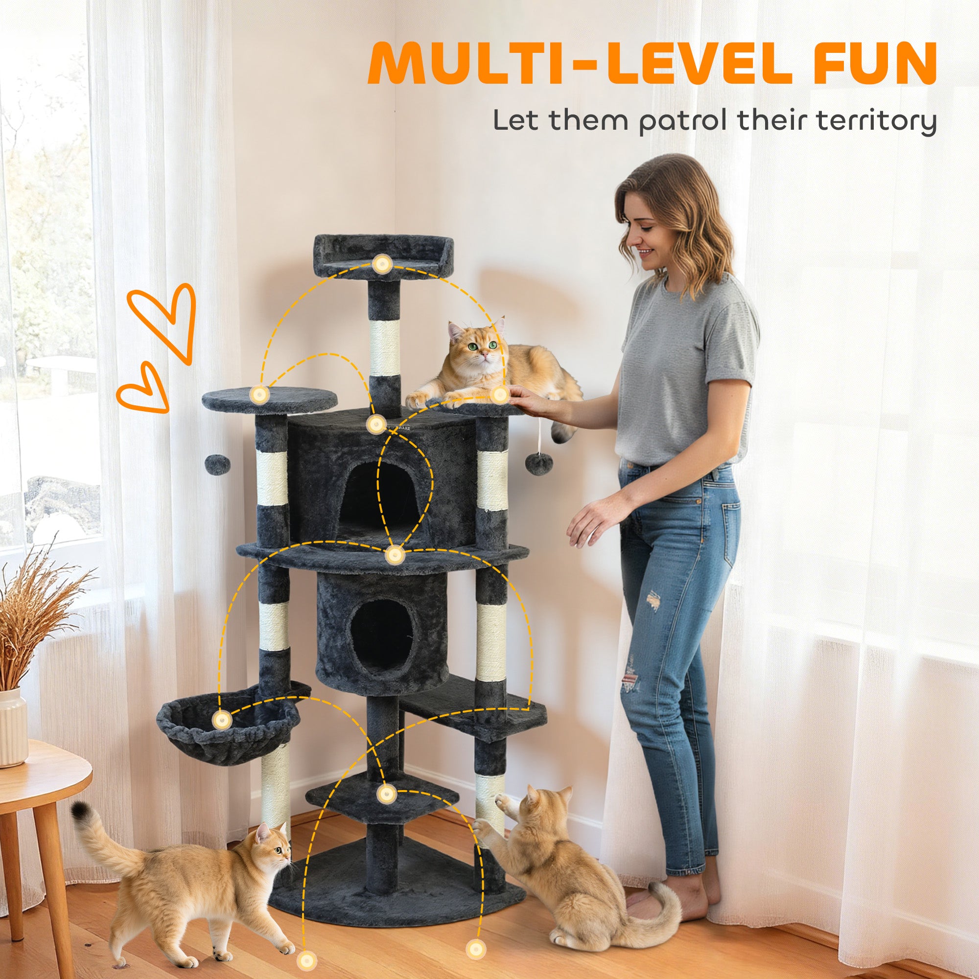 pawhut-arbre-chat-157-cm-2-niches-hamac-et-perchoirs-gris-fonc image 6