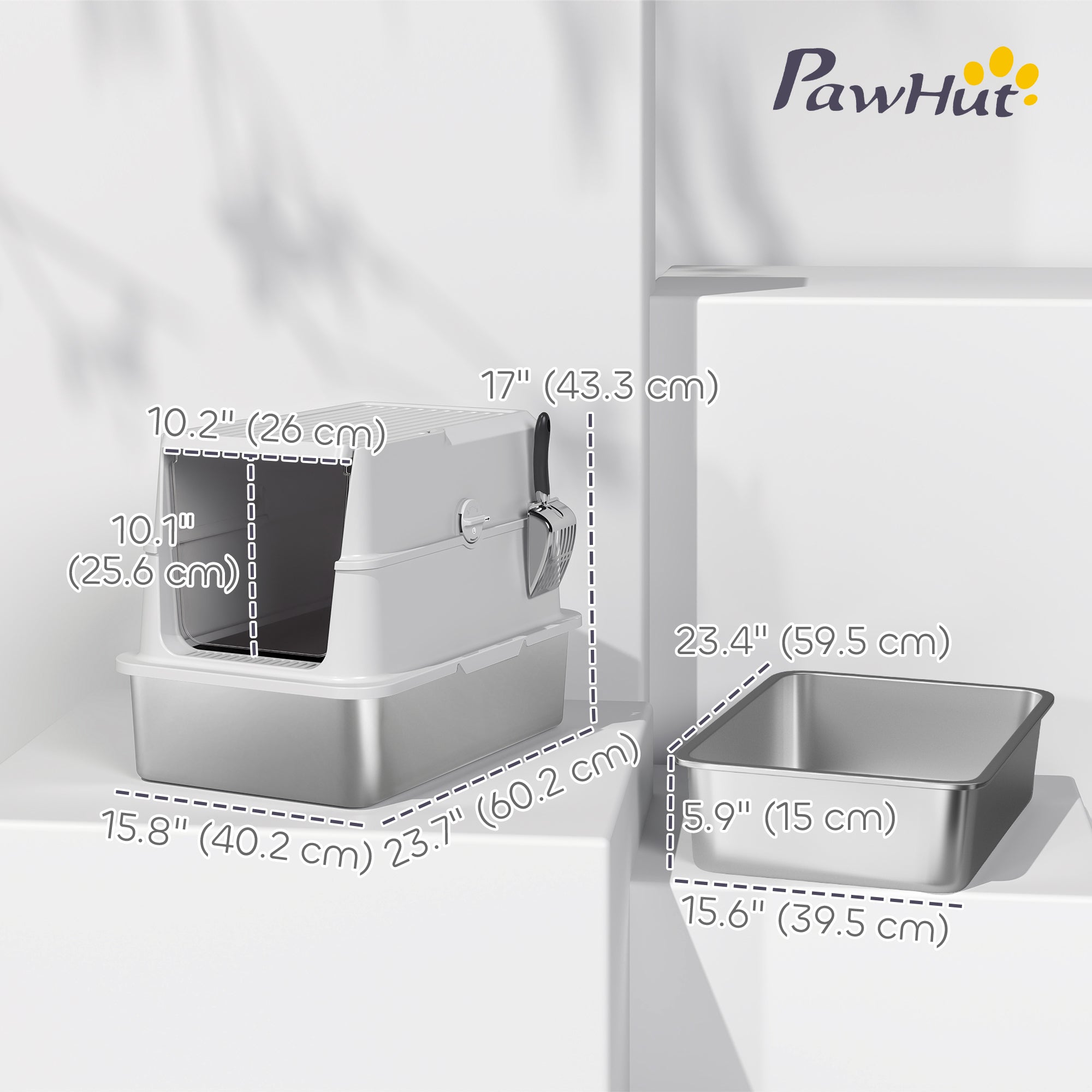 pawhut-bac-liti-re-inox-xl-ferm-avec-couvercle-basculant-et-pelle-gris-clair image 5