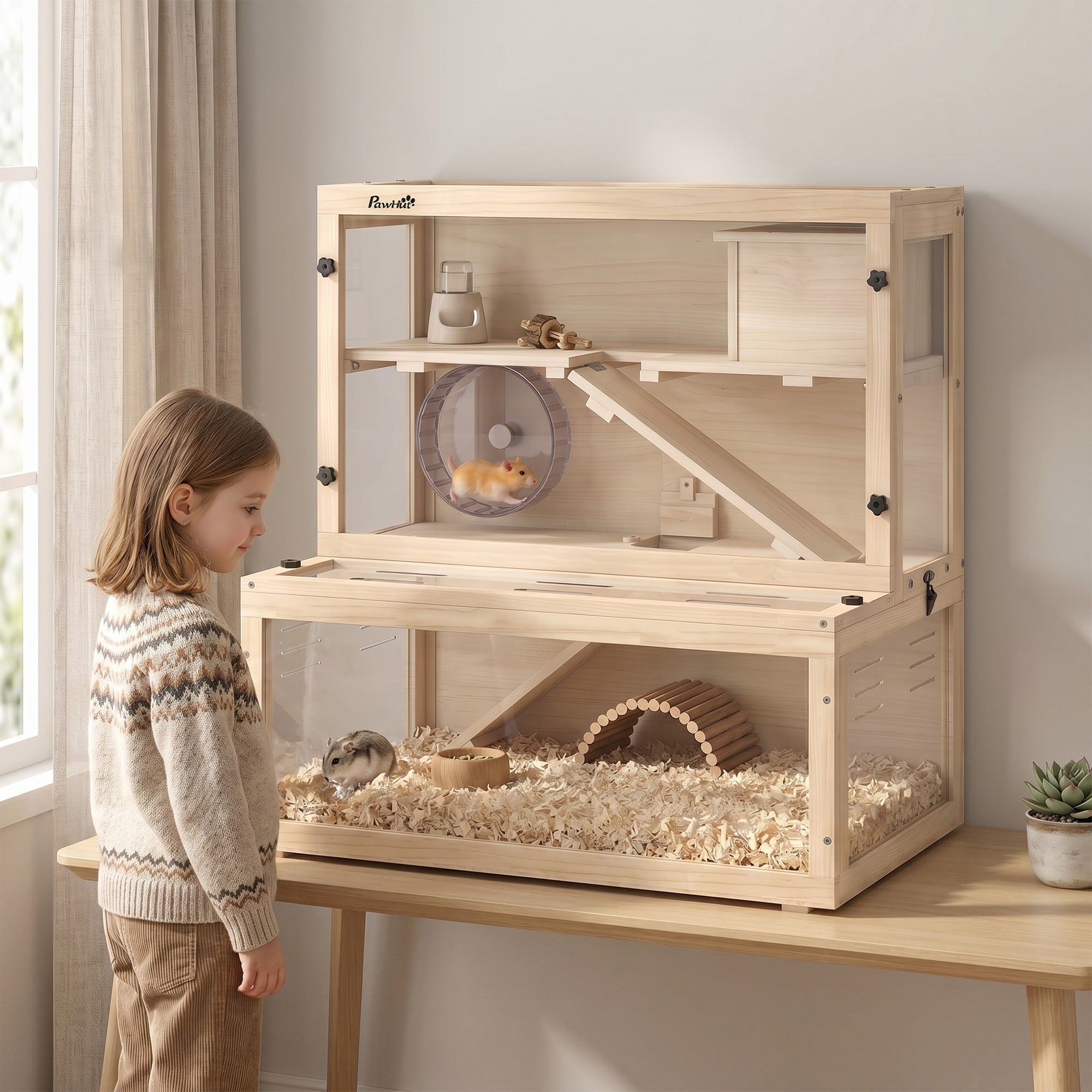 pawhut-cage-hamster-bois-3-tages-avec-cabane-roue-et-rampes-80-x-50-x-84-cm-natu image 3