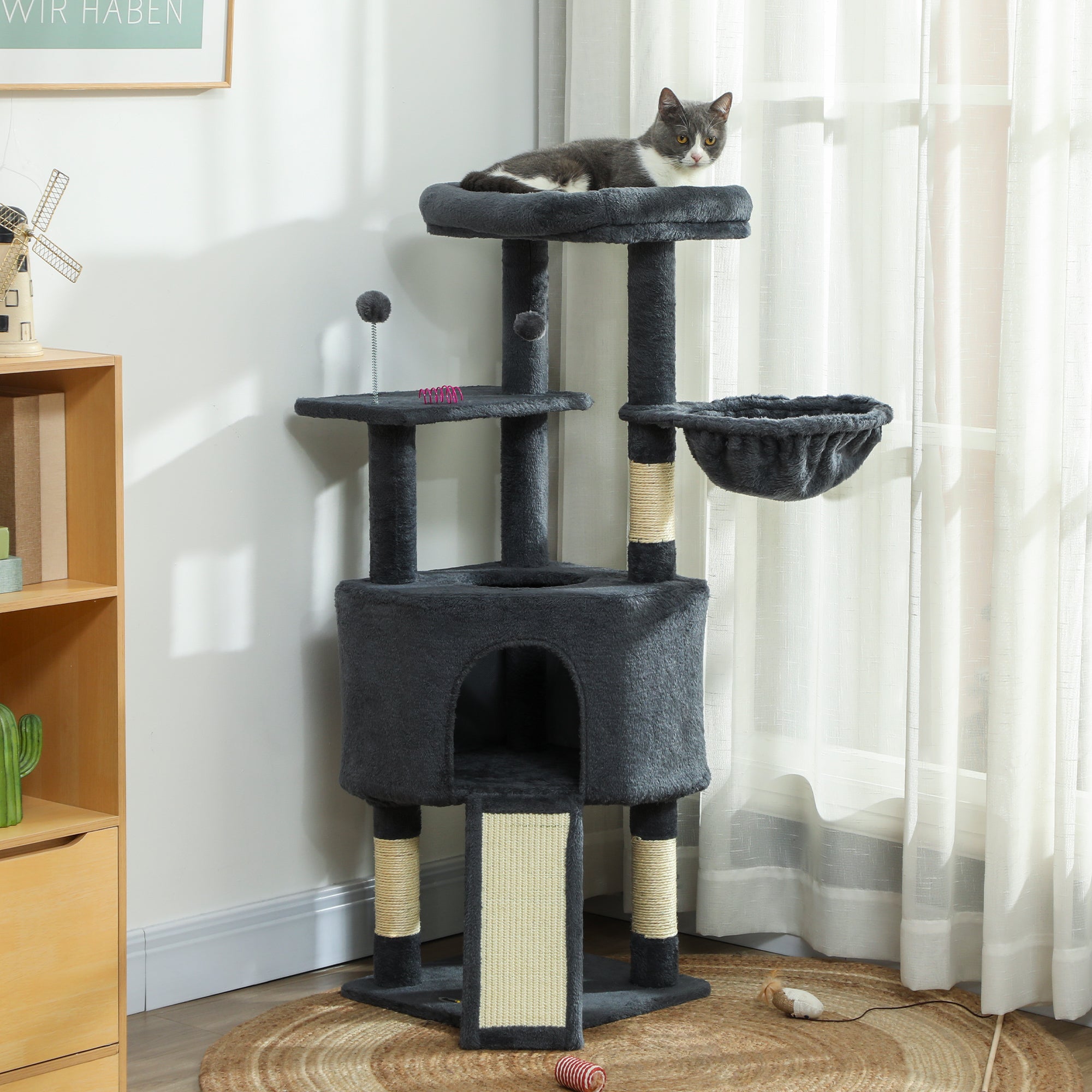 pawhut-arbre-chat-120-cm-avec-niche-hamac-lit-et-chelle-gris-fonc image 3