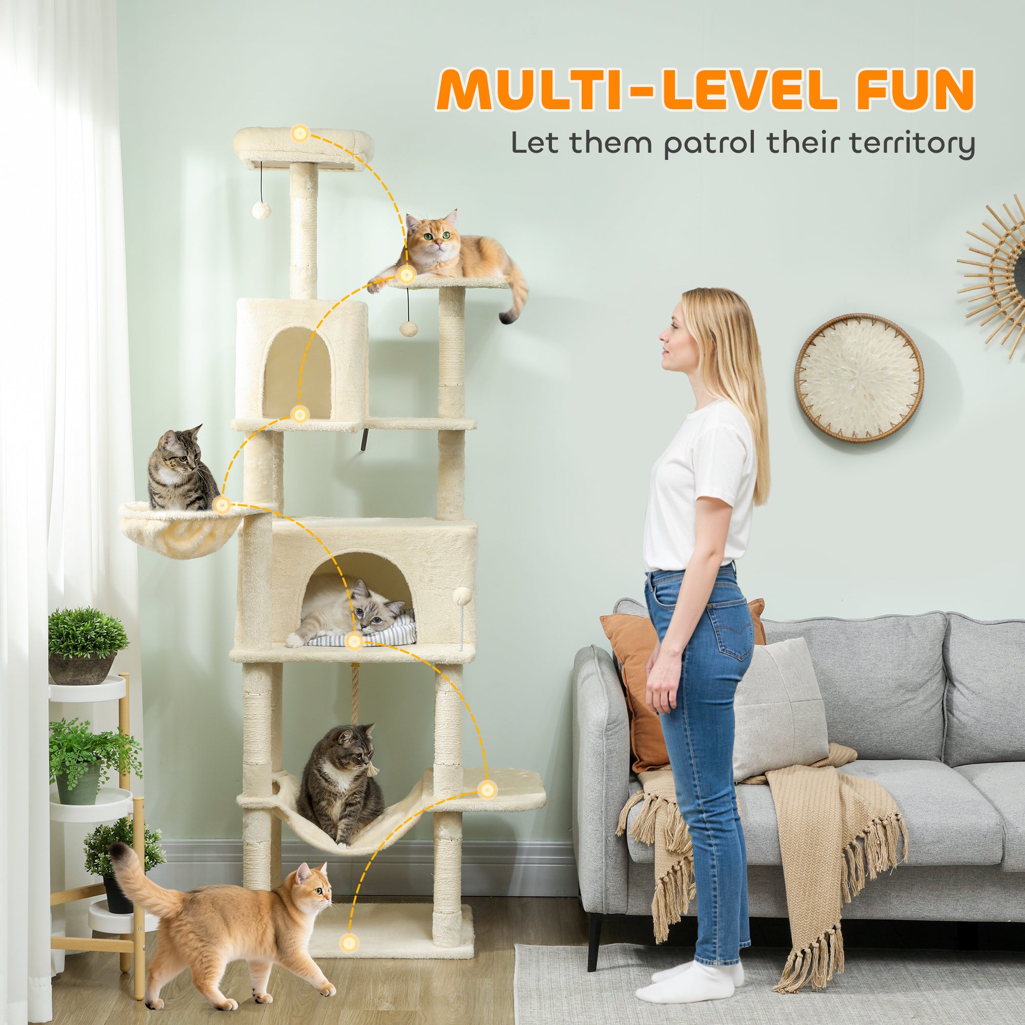 pawhut-arbre-chat-202-cm-avec-6-griffoirs-2-niches-et-2-hamacs-beige image 6