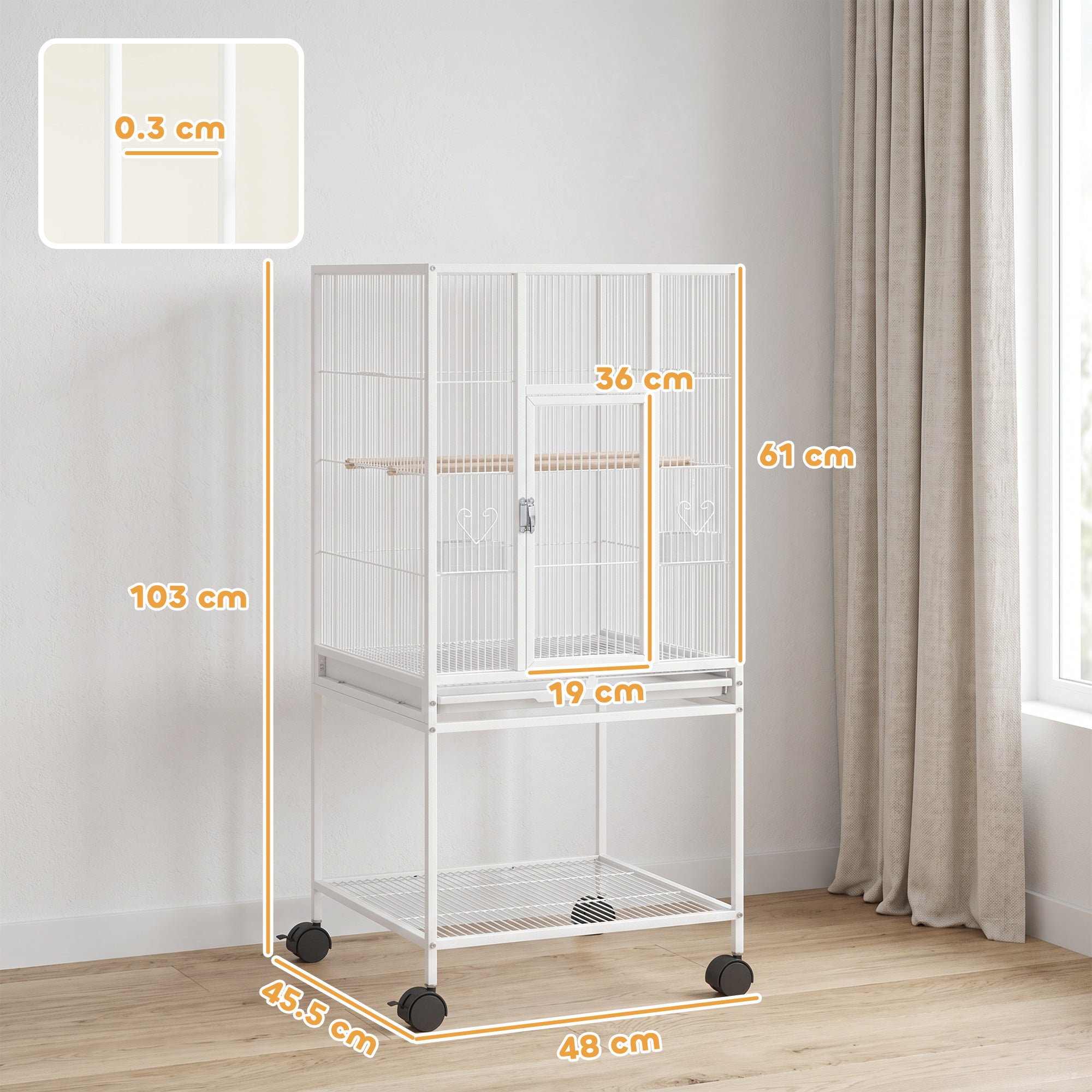 pawhut-cage-oiseaux-d-tachable-sur-roulettes-avec-tag-re-blanche-pour-petits-ois image 5