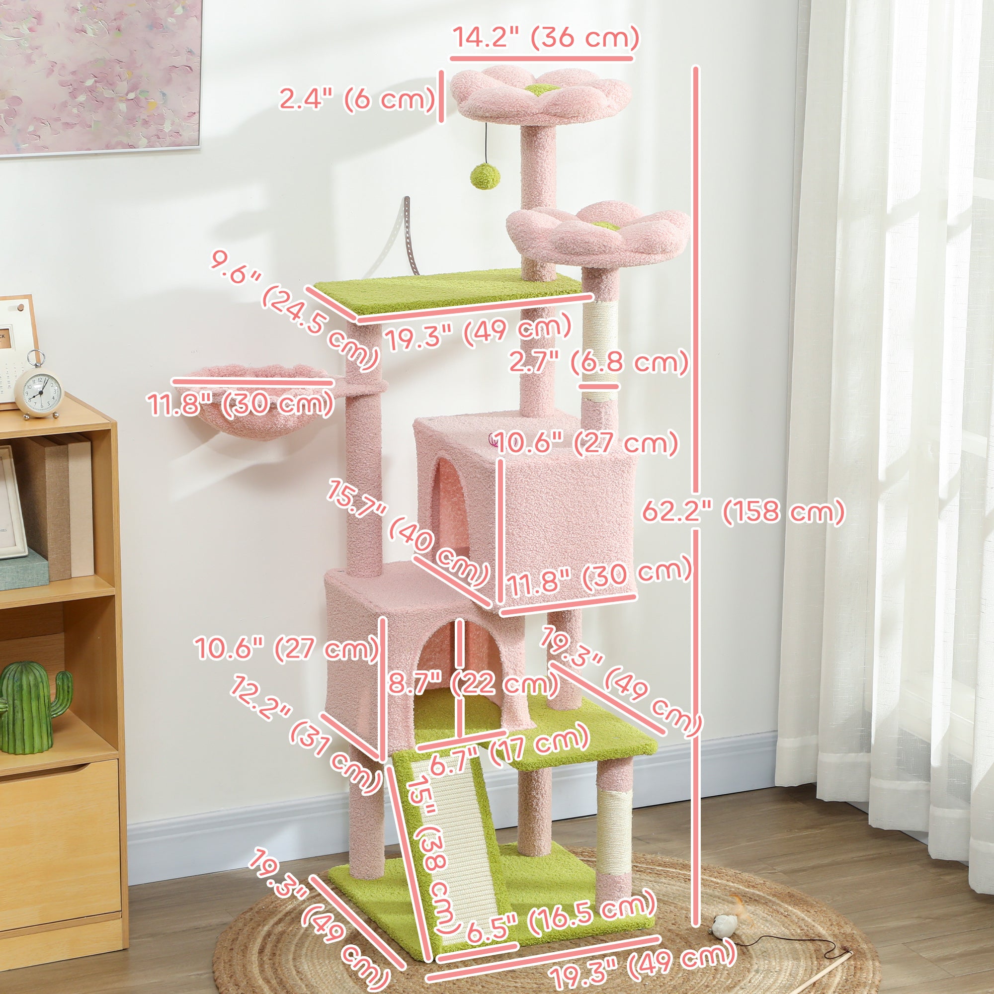 pawhut-arbre-chat-fleur-157-cm-avec-2-niches-2-paniers-fleur-et-hamac-rose image 5