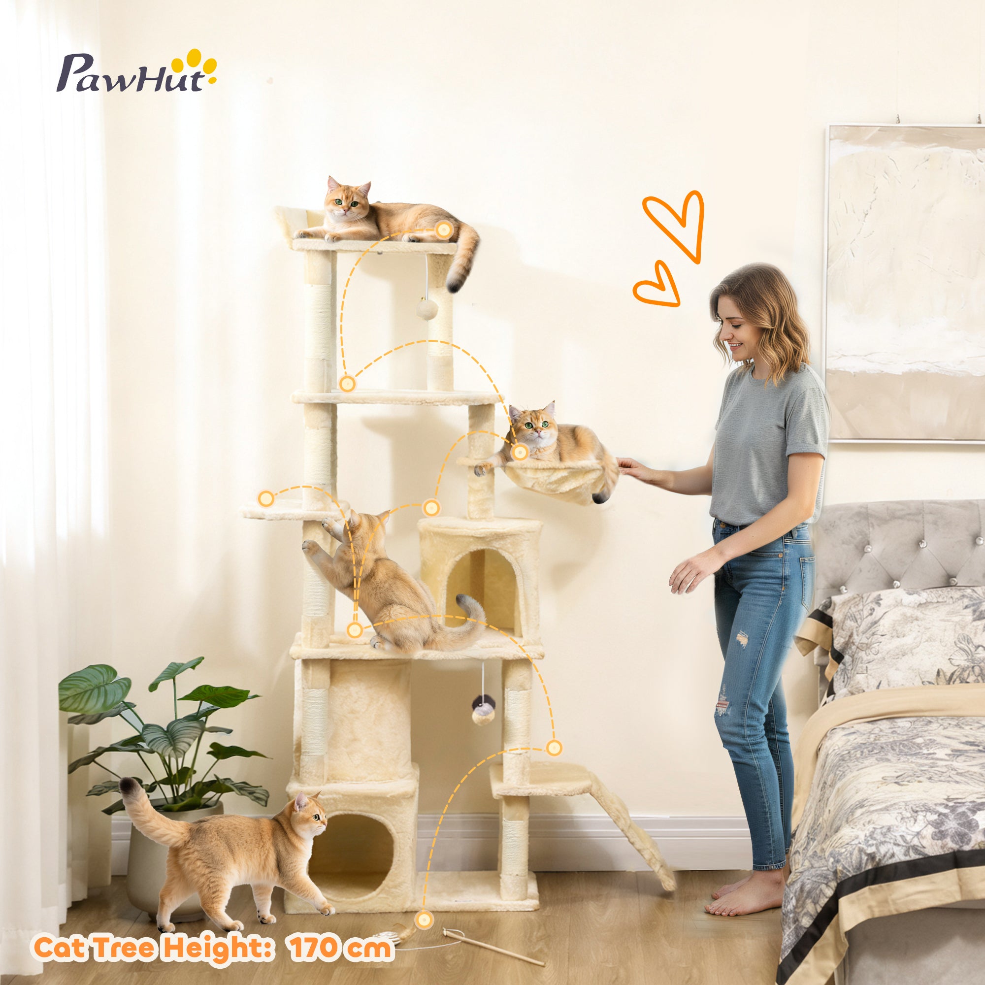 pawhut-arbre-chat-g-ant-170-cm-7-griffoirs-2-niches-hamac-beige image 6