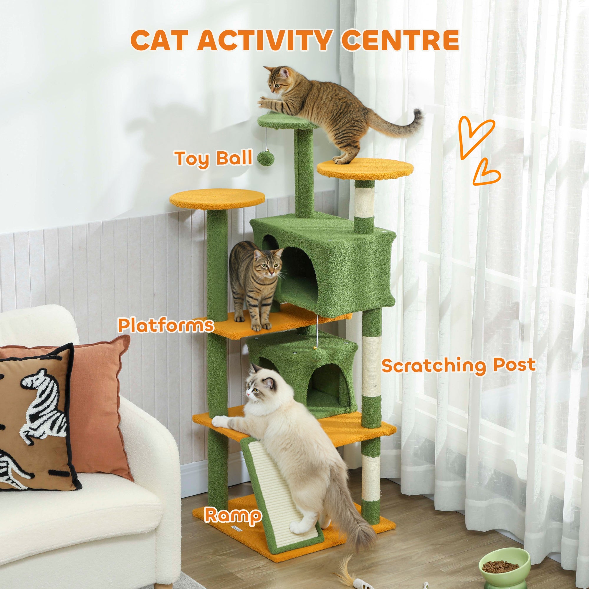 pawhut-arbre-chat-137-cm-vert-avec-2-niches-rampe-hamac-et-griffoir-sisal image 6