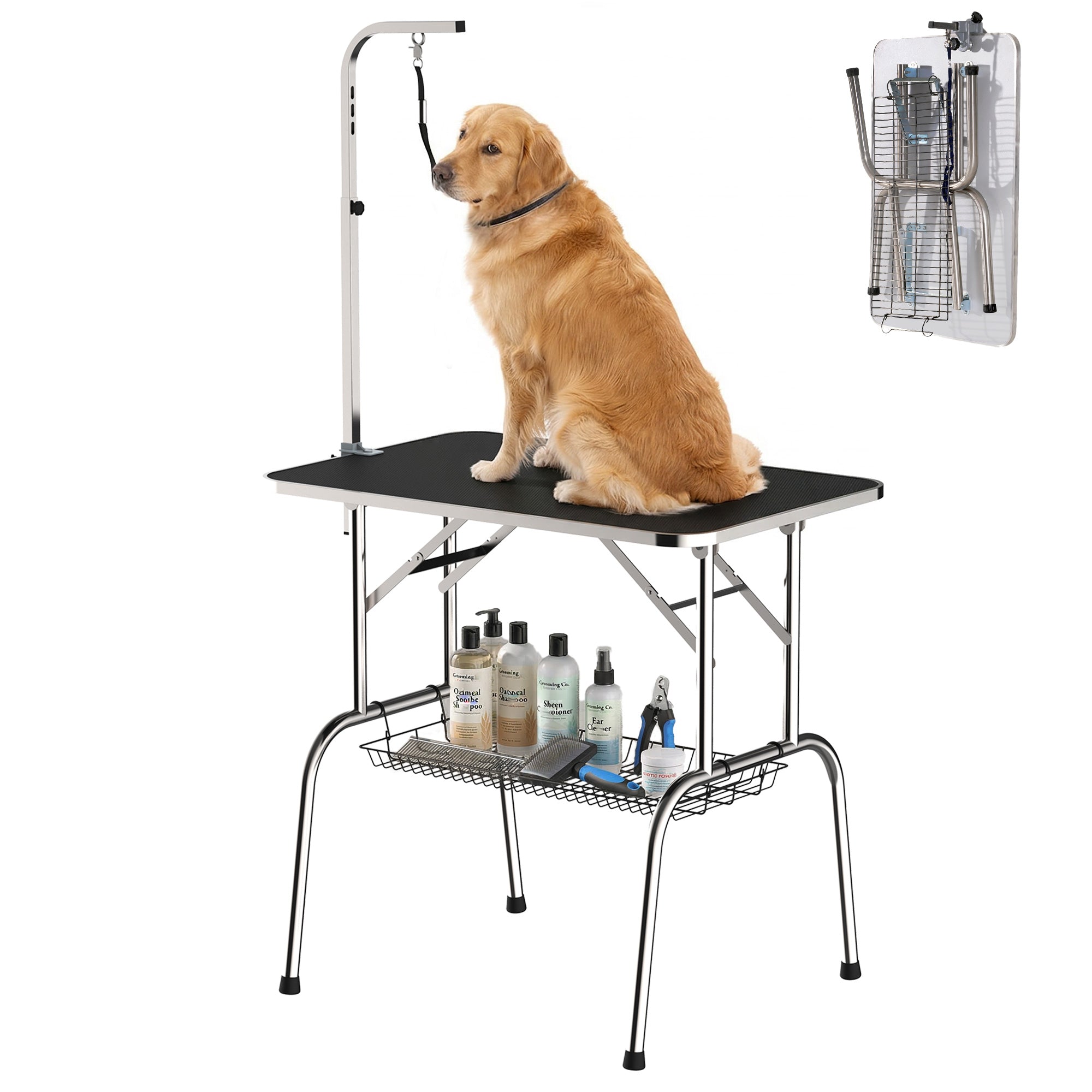 pawhut-table-de-toilettage-pliable-36-avec-bras-r-glable-et-tag-re-noire image 1
