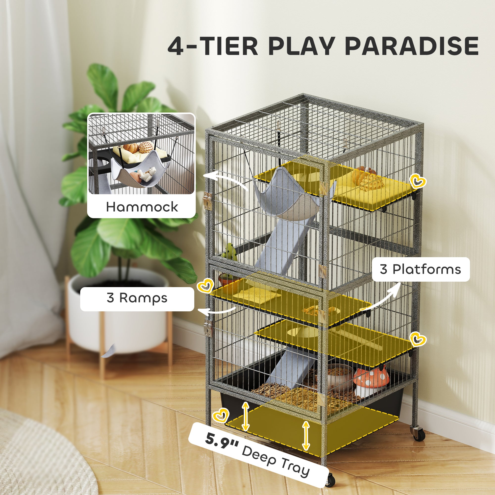 pawhut-cage-roulettes-4-niveaux-pour-petits-animaux-avec-bac-profond-de-15-cm-11 image 8