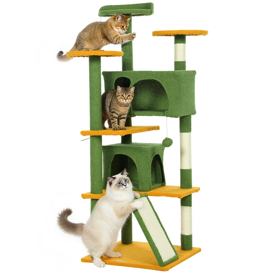 pawhut-arbre-chat-137-cm-vert-avec-2-niches-rampe-hamac-et-griffoir-sisal image 1