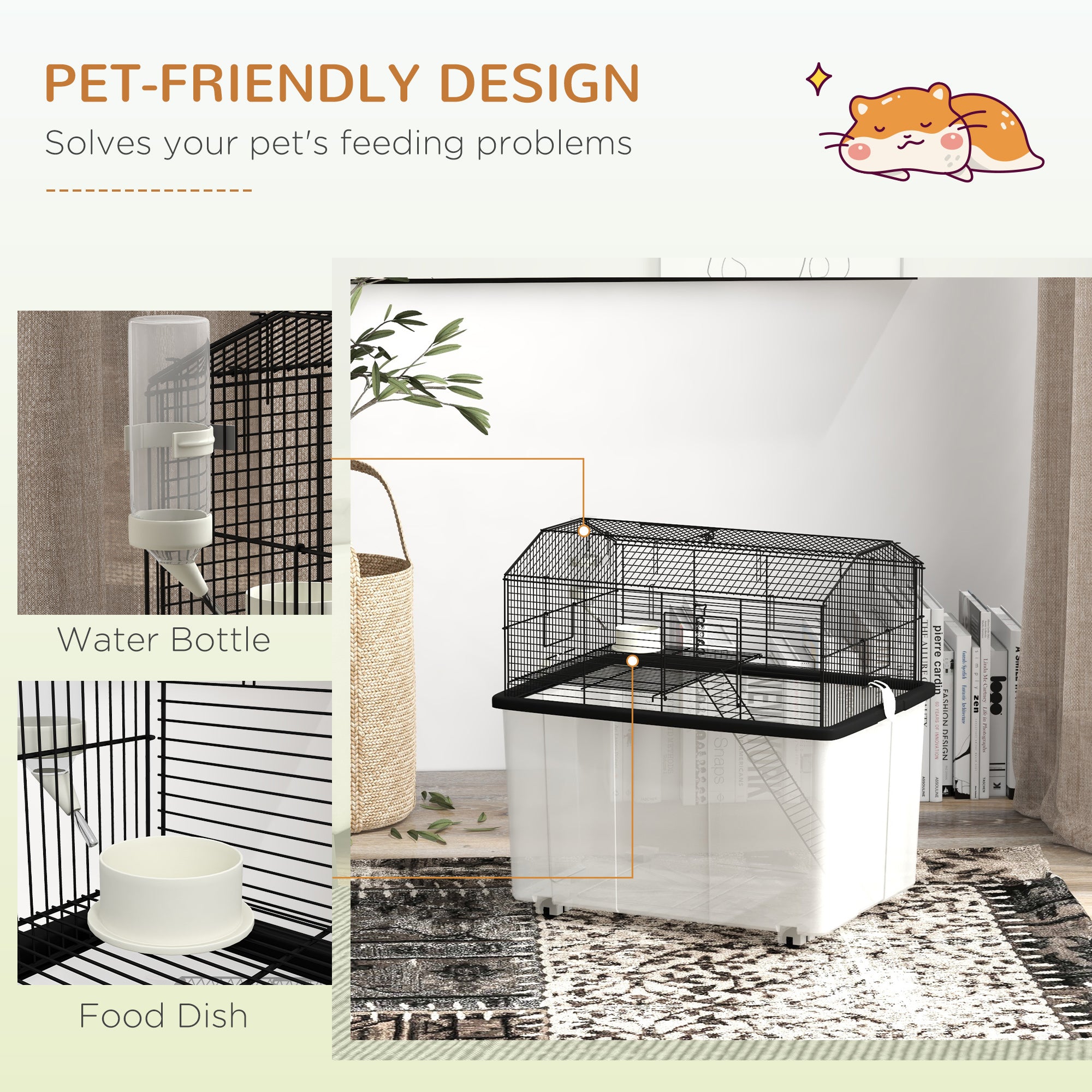 pawhut-cage-hamster-tages-avec-base-profonde-plateforme-rampe-et-roulettes-noire image 8