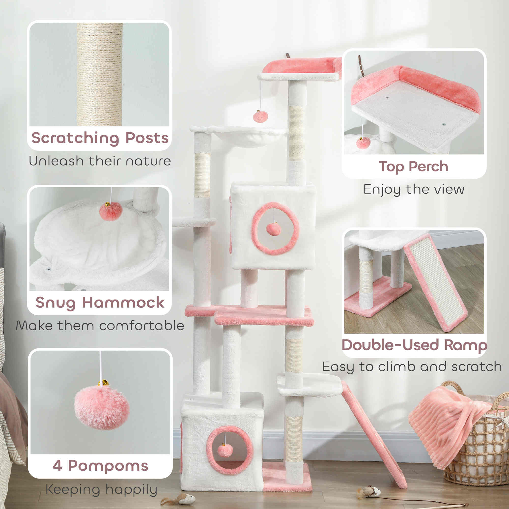 pawhut-arbre-chat-165-cm-blanc-avec-2-niches-hamac-rampe-et-perchoir image 8