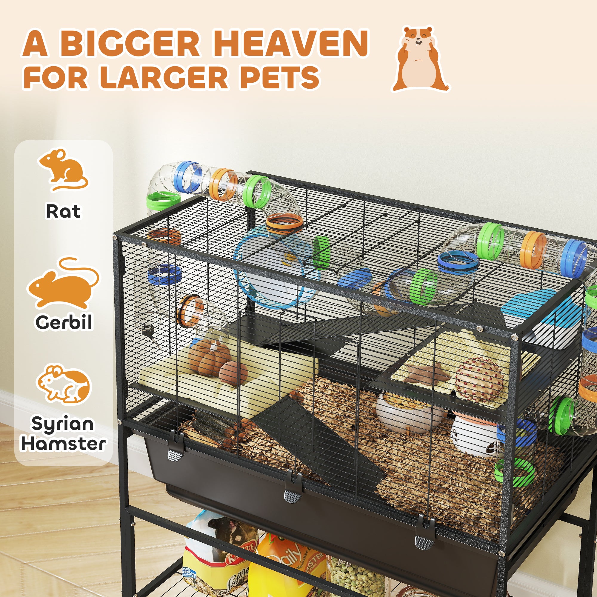 pawhut-cage-3-niveaux-color-e-pour-petit-animal-avec-tubes-roue-et-rangement image 6